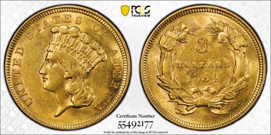 1854 $3 AU58