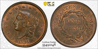 1834 1C Lg 8, Sm Stars, Med Let MS64BN