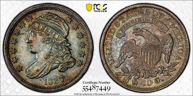 1837 10C Capped Bust AU58