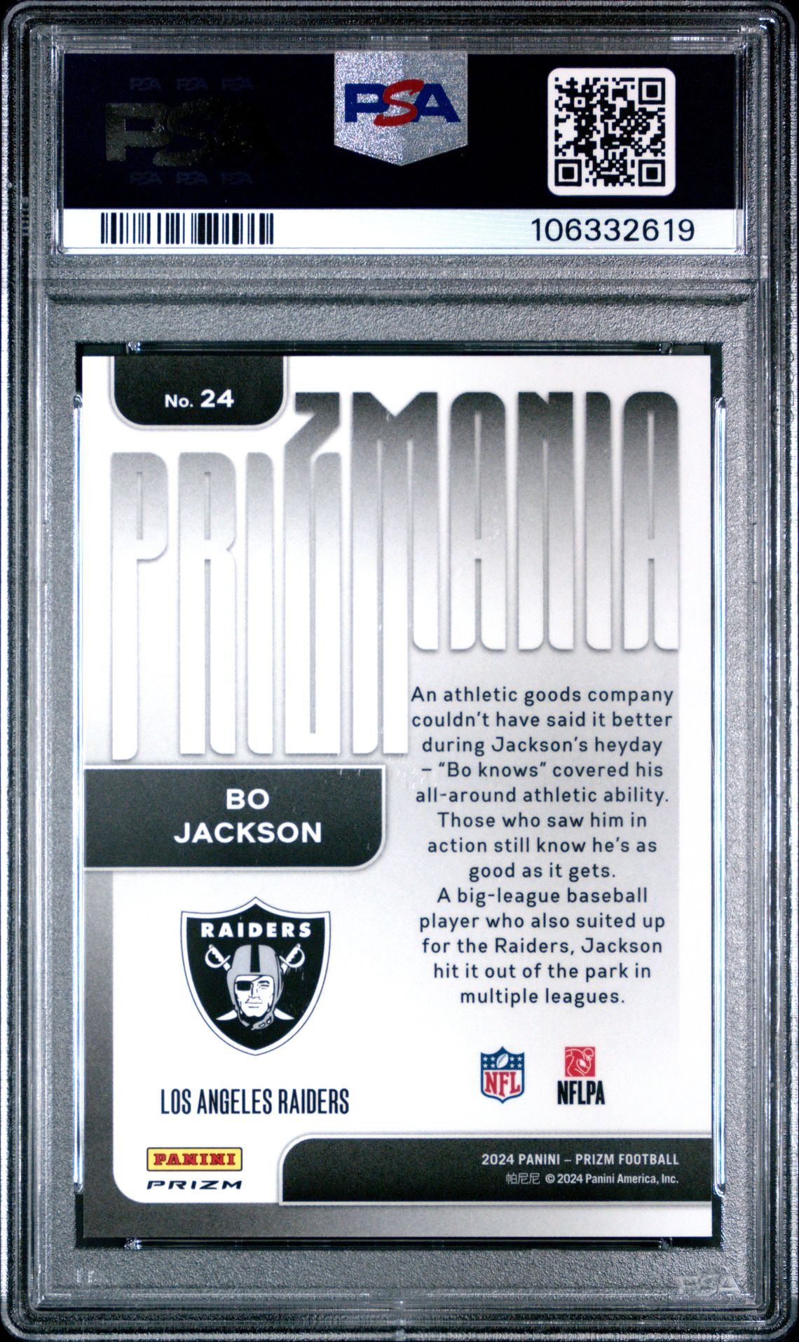 2024 Panini Prizm Prizmania Bo Jackson #24 Gem Mt 10 back