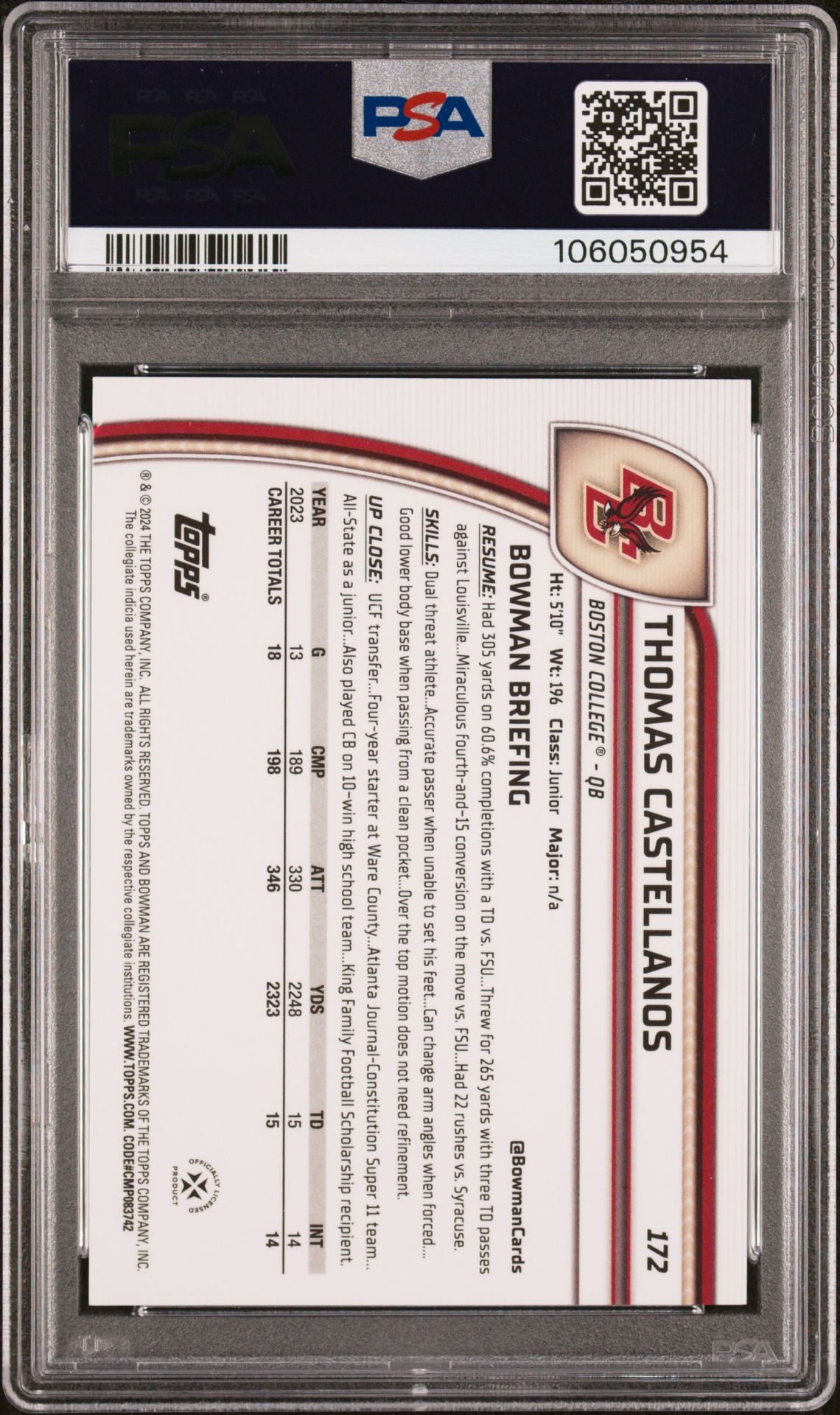 2024 Bowman University Chrome Thomas Castellanos #172 (Gold Shimmer) Mint 9 back