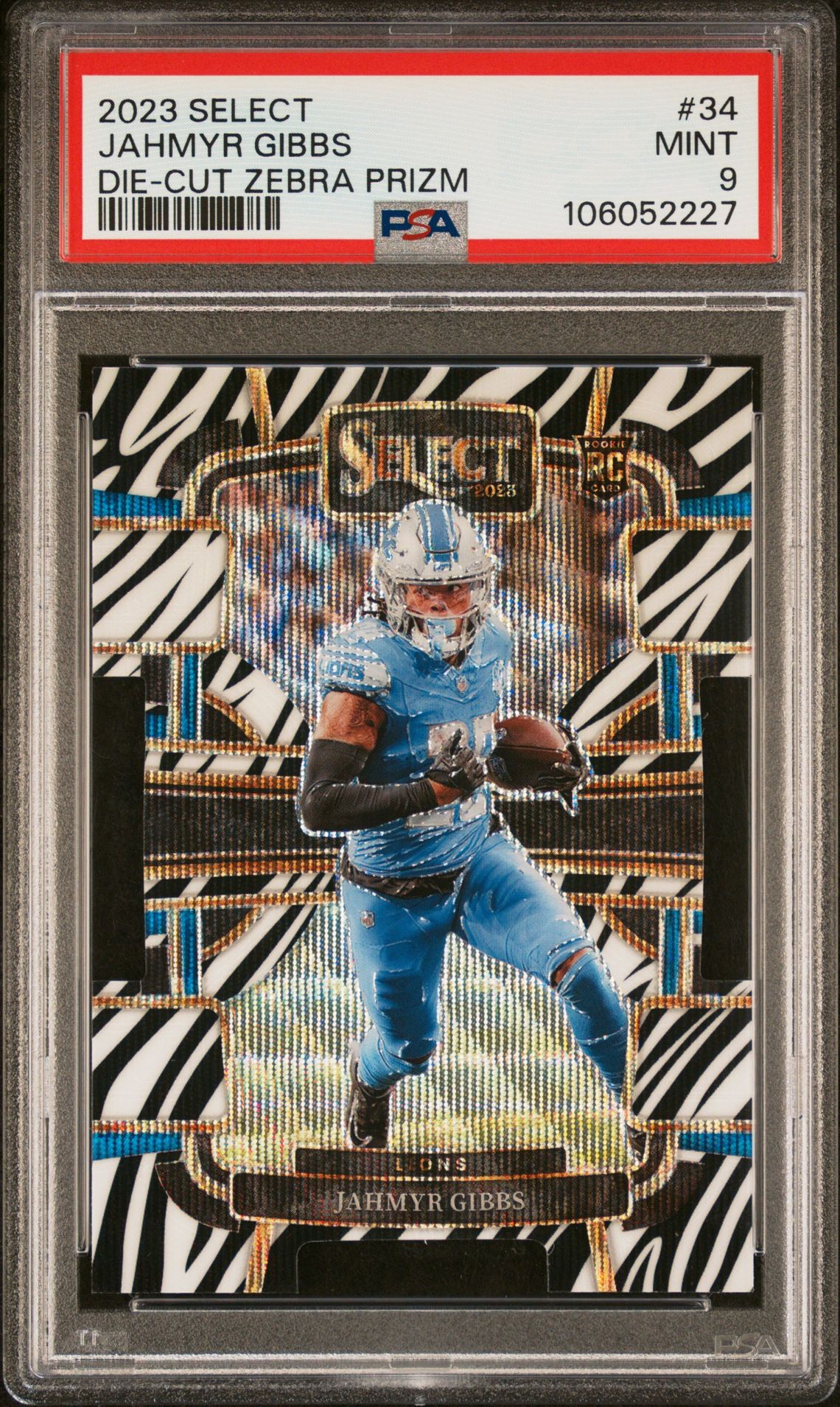 2023 Panini PANINI SELECT DIE-CUT ZEBRA PRIZM #34 Jahmyr Gibbs front