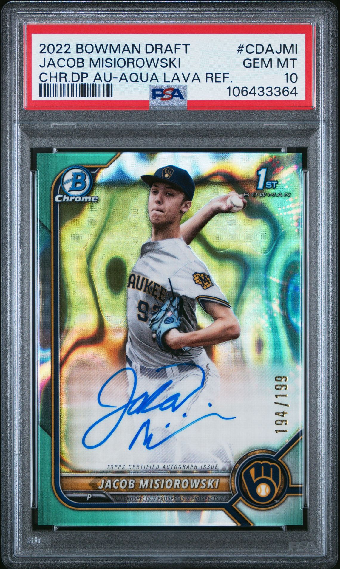 2022 Bowman BOWMAN DRAFT CHROME DRAFT PICK AUTOGRAPHS Refractor #CDAJMI Jacob Misiorowski front
