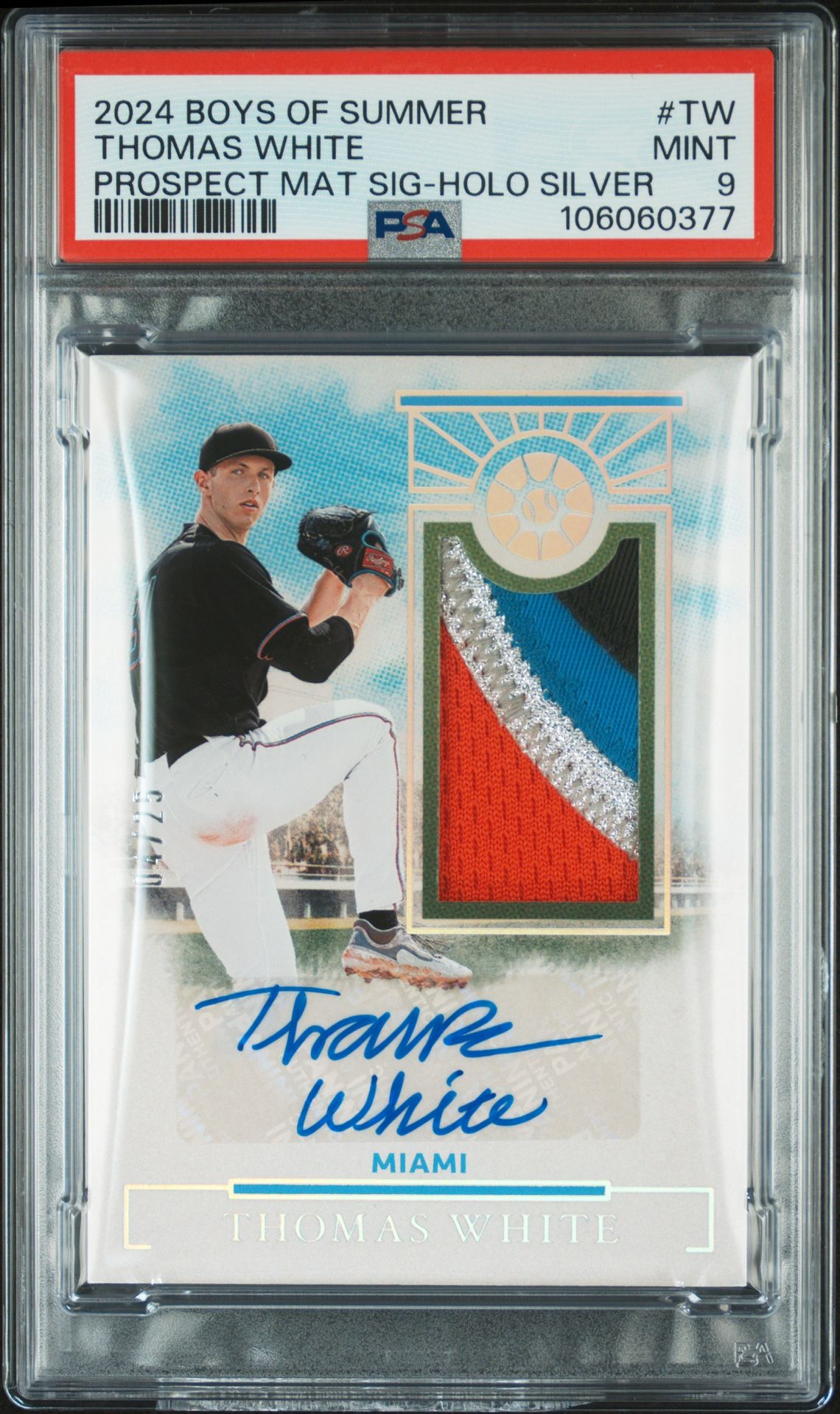 2024 Panini PANINI BOYS OF SUMMER PROSPECT MATERIAL SIGNATURES PROSPECT MAT SIG-HOLO SILVER #PMSTW Thomas White front