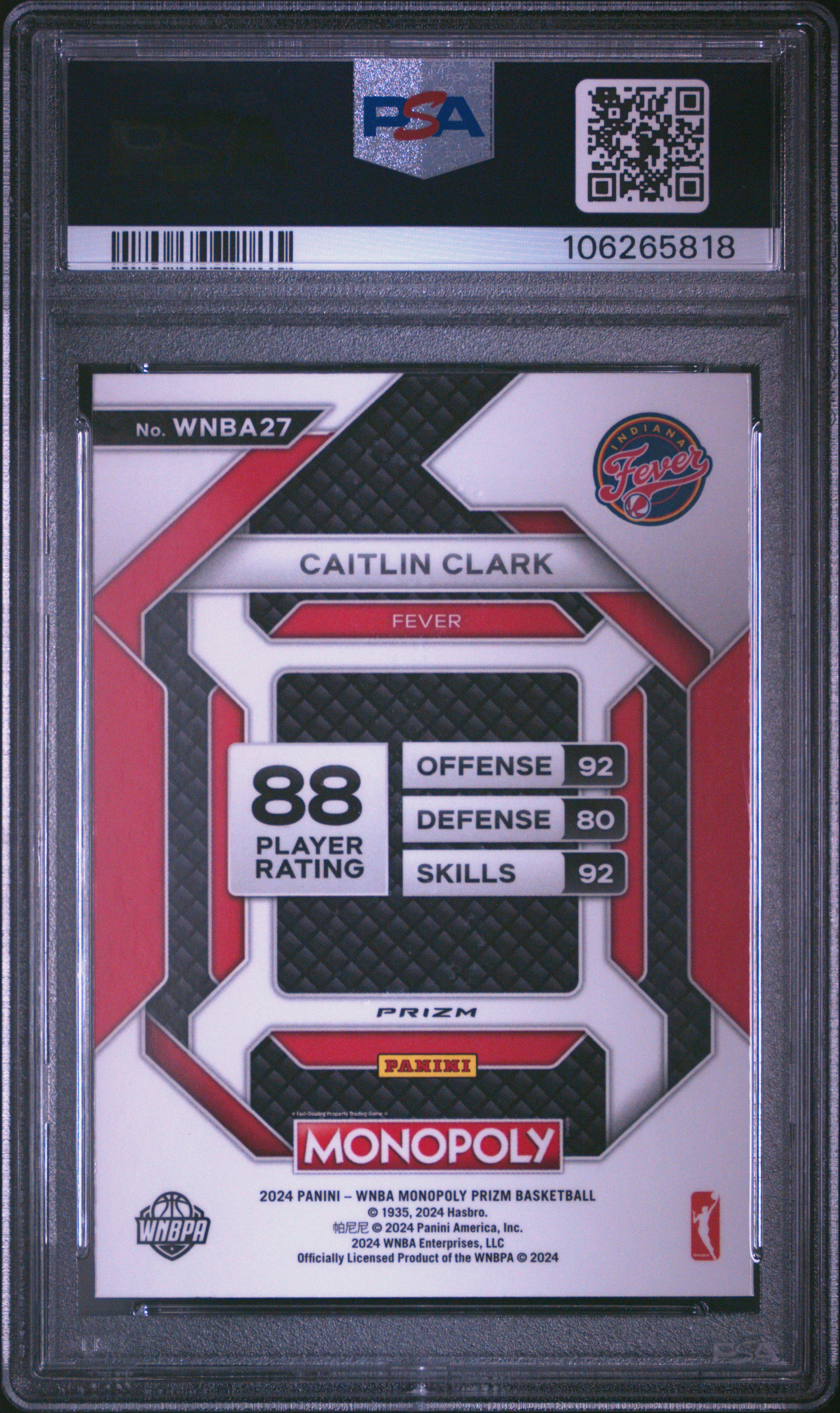 2024 Panini Prizm Monopoly Wnba Insert Caitlin Clark #27 (Insert-Red Classic Icon) Gem Mt 10 back