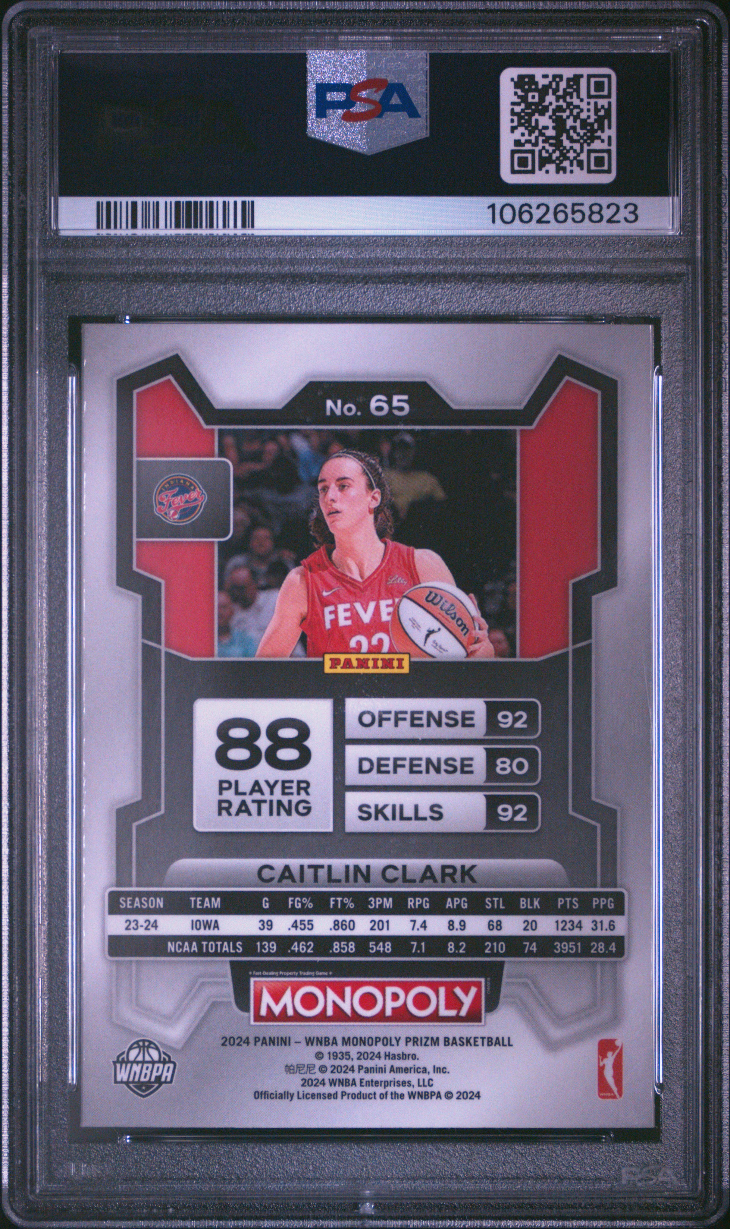 2024 Panini Prizm Monopoly Wnba Caitlin Clark #65 Gem Mt 10 back
