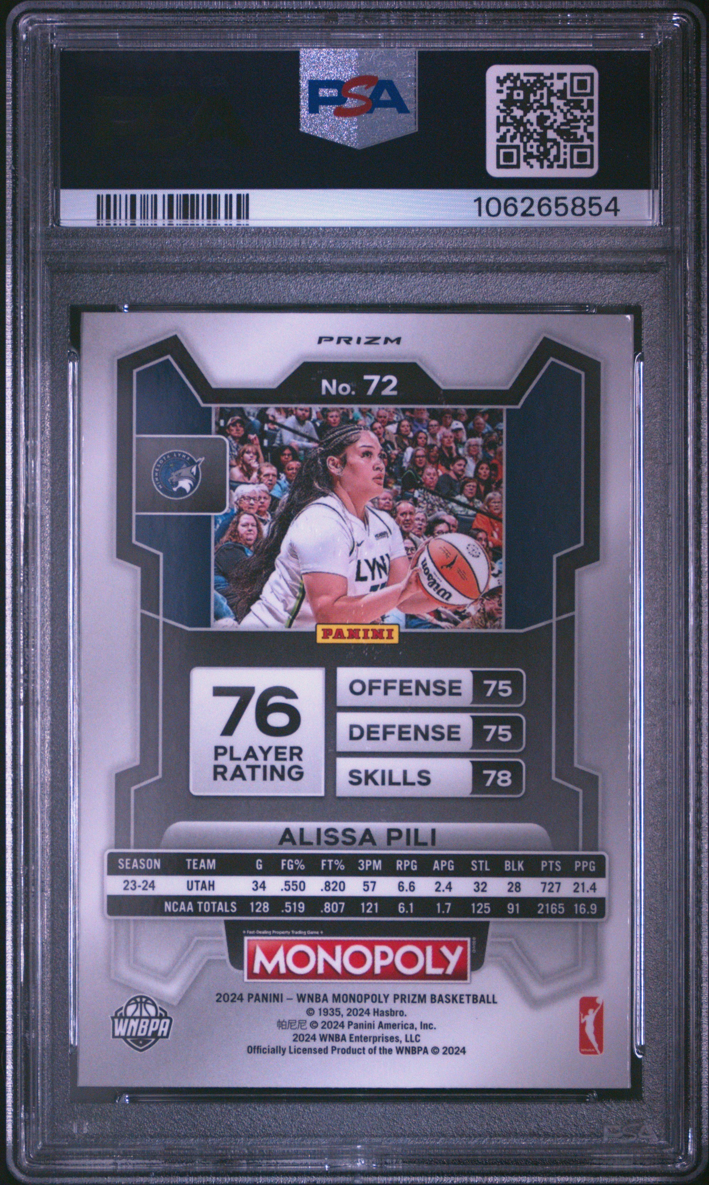 2024 Panini Prizm Monopoly Wnba Alissa Pili #72 (Red Classic Icon) Nm-Mt 8 back