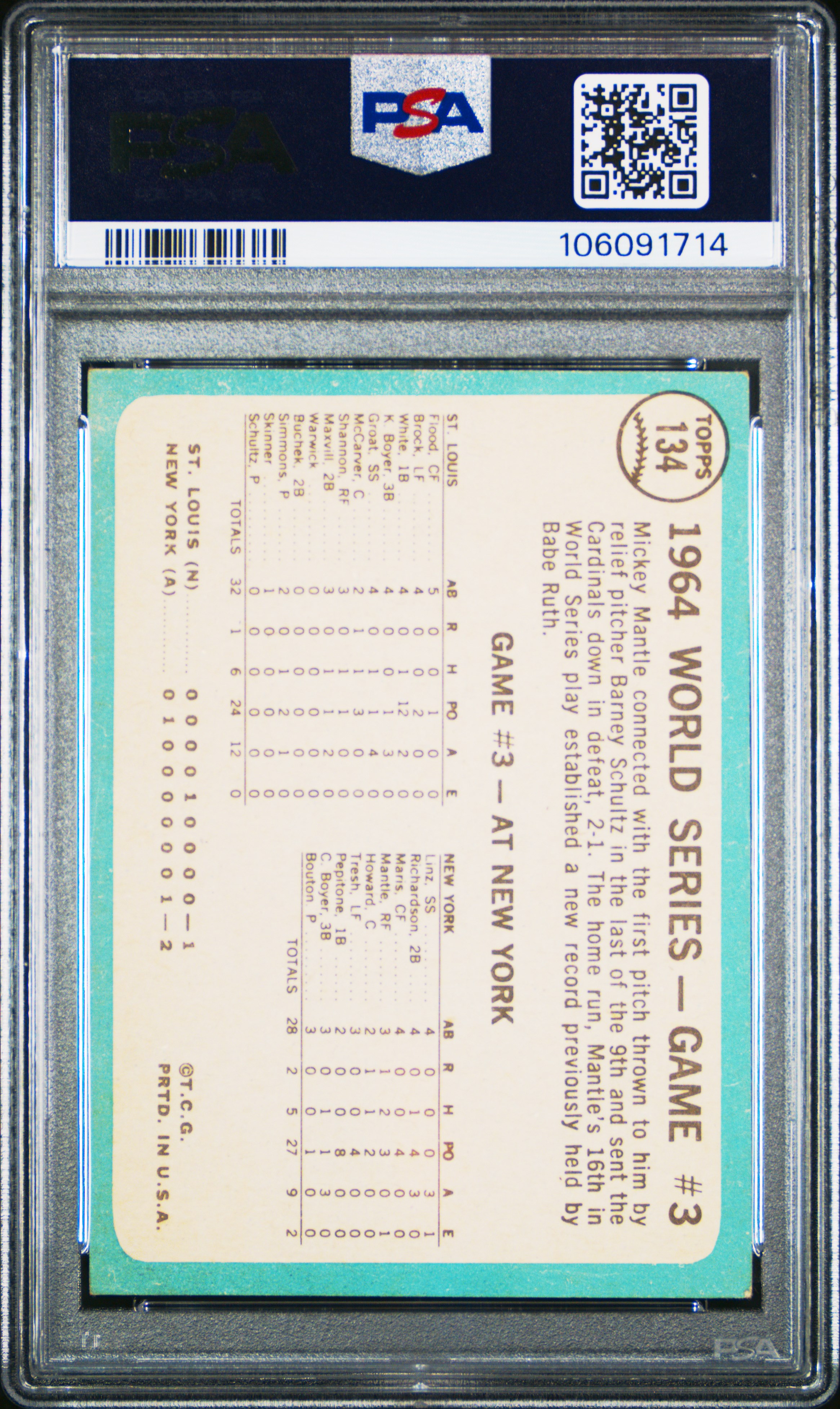 1965 Topps World Series Game 3 #134 (Mantle's Clutch Hr) Vg 3 front