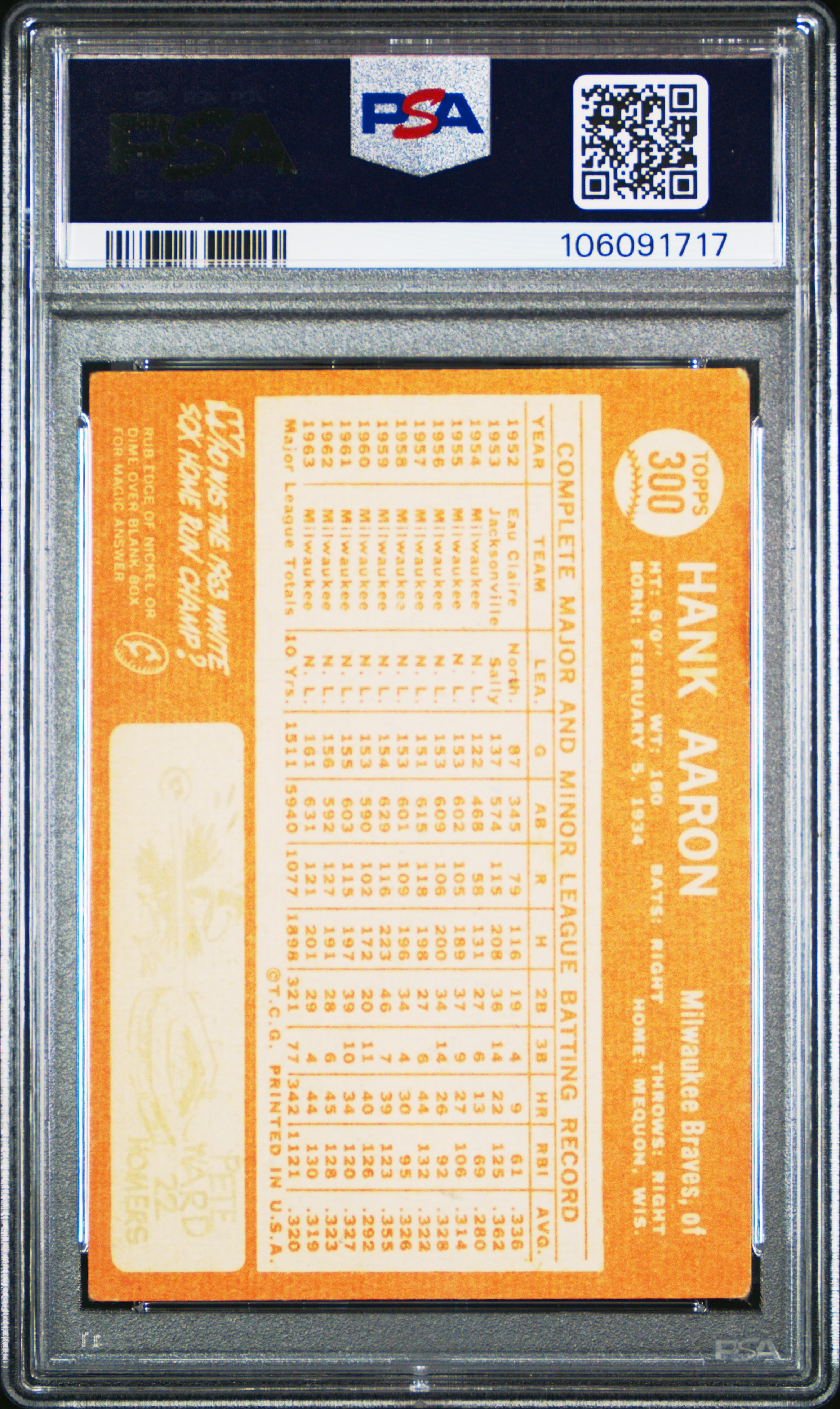 1964 Topps Hank Aaron #300 Vg 3 front