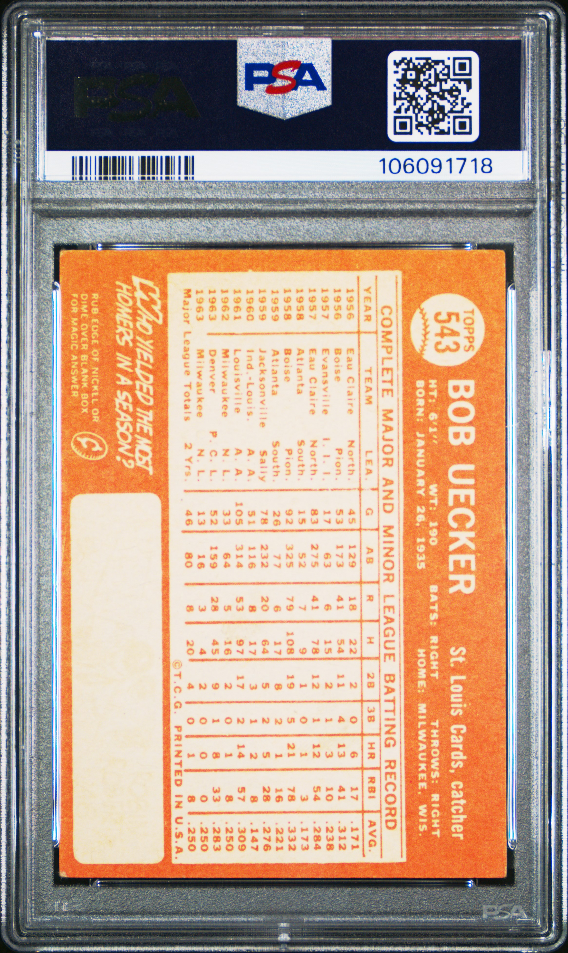 1964 Topps Bob Uecker #543 Vg 3 front