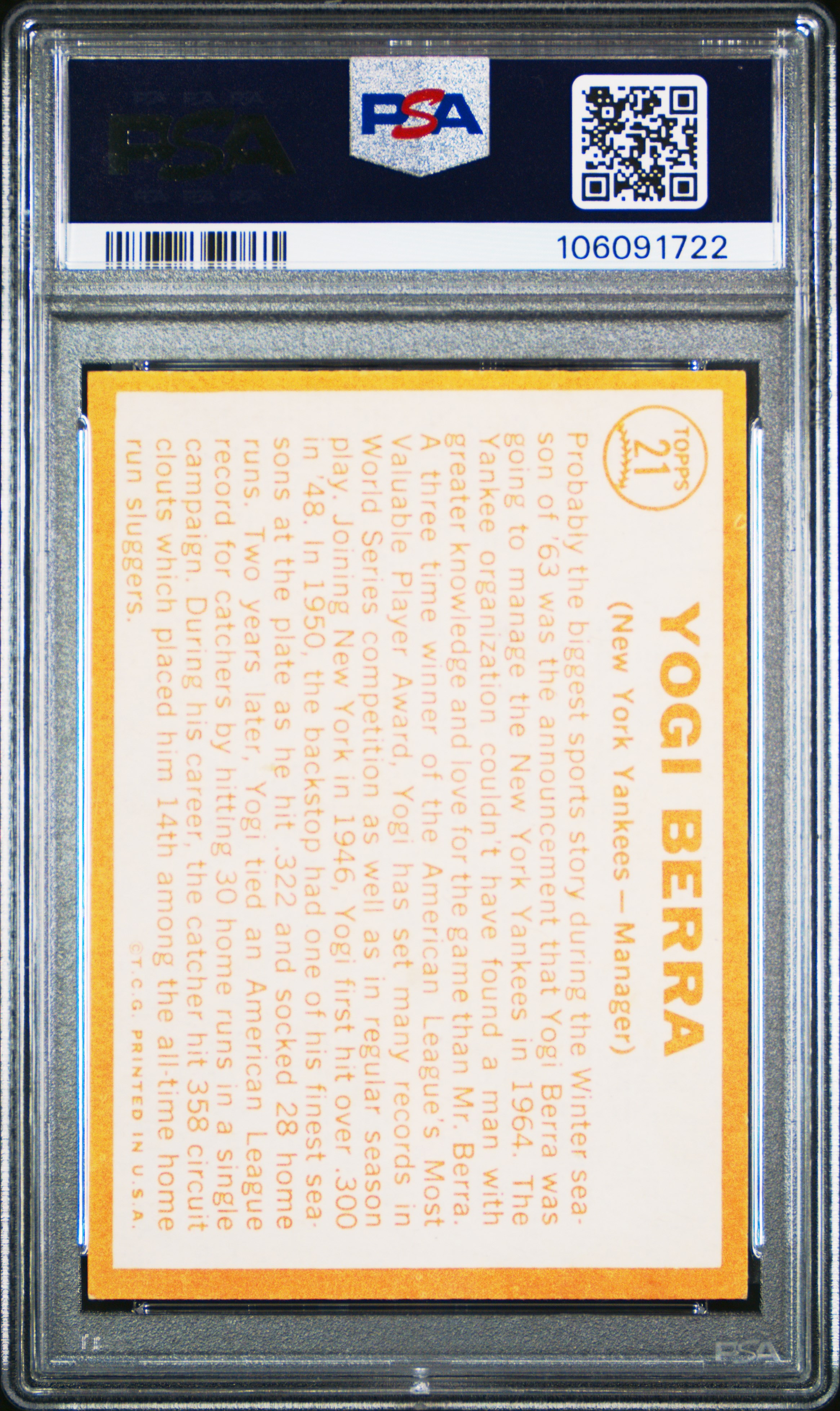 1964 Topps Yogi Berra #21 Vg-Ex 4 front