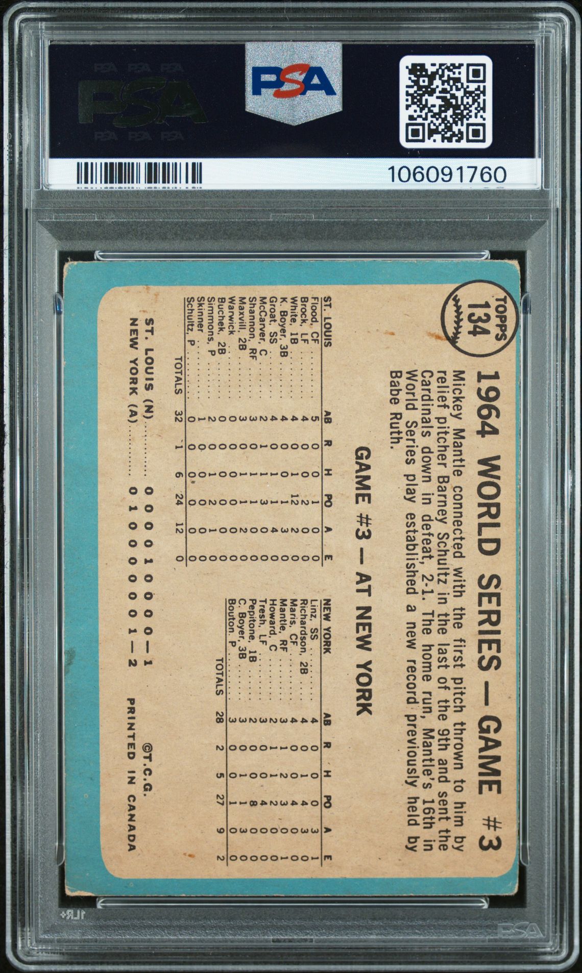 1965 O-Pee-Chee World Series Game 3 #134 (Mantle's Clutch Hr) Good 2 back