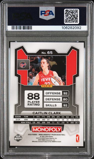2024 Panini Prizm Monopoly Wnba Caitlin Clark #65 Gem Mt 10 back