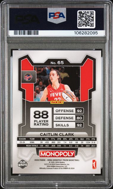 2024 Panini Prizm Monopoly Wnba Caitlin Clark #65 Gem Mt 10 back