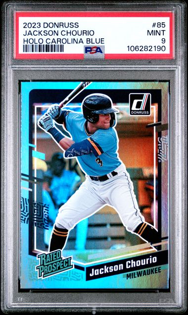2023 Panini Donruss Jackson Chourio #85 (Holo Carolina Blue) Mint 9 front