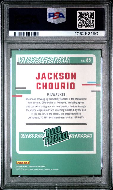 2023 Panini Donruss Jackson Chourio #85 (Holo Carolina Blue) Mint 9 back