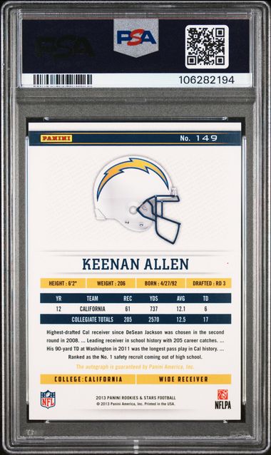 2013 Panini Rookies & Stars Keenan Allen #149 (Autograph-Longevity) Mint 9 back
