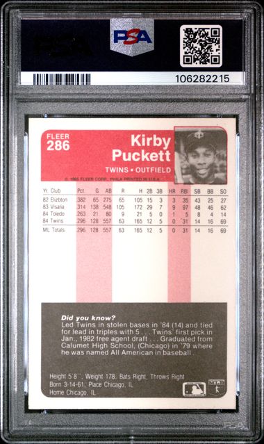 1985 Fleer Kirby Puckett #286 Mint 9 back