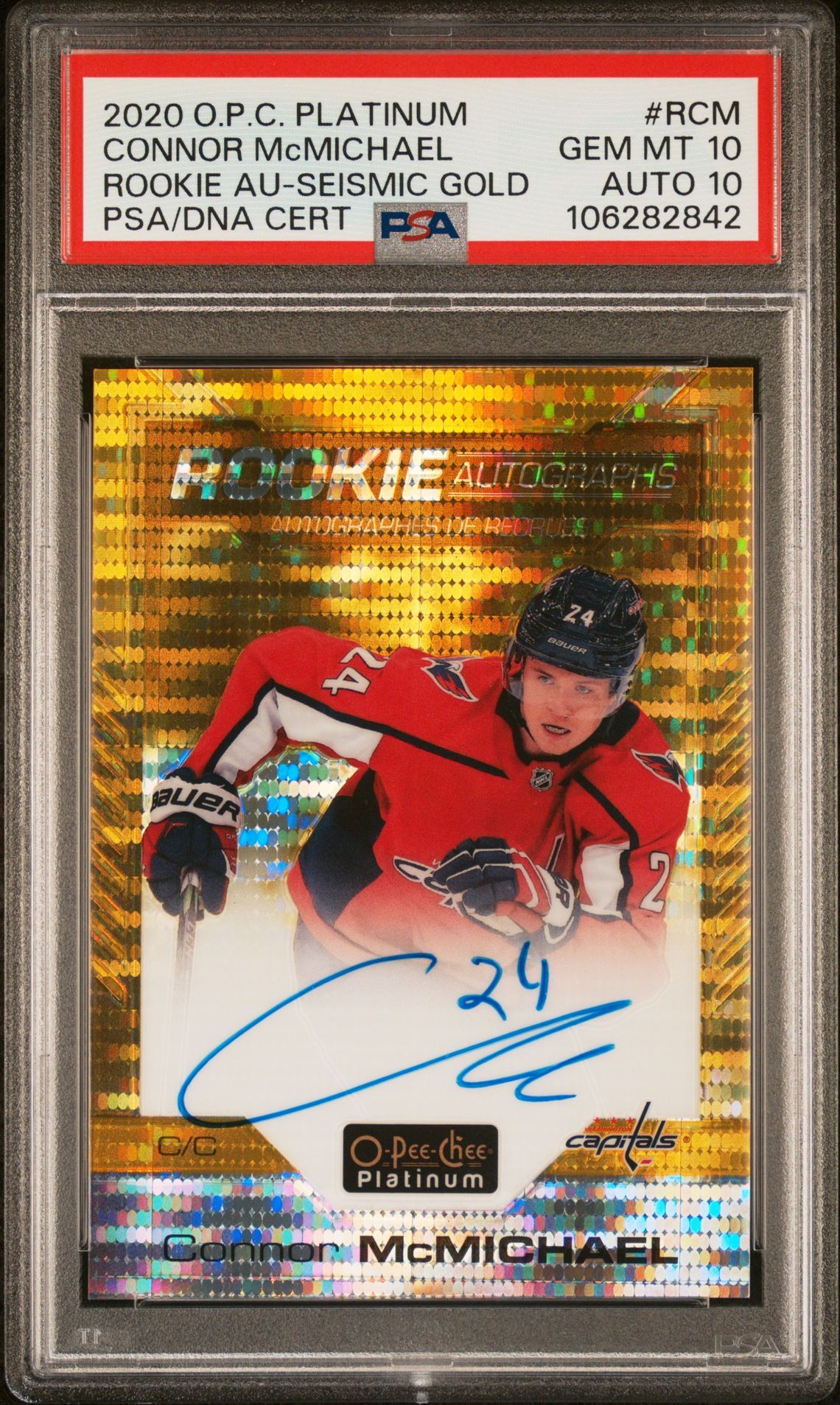 2020 O-Pee-Chee O-PEE-CHEE PLATINUM ROOKIE AUTOGRAPHS SEISMIC GOLD #RCM Connor Mcmichael front