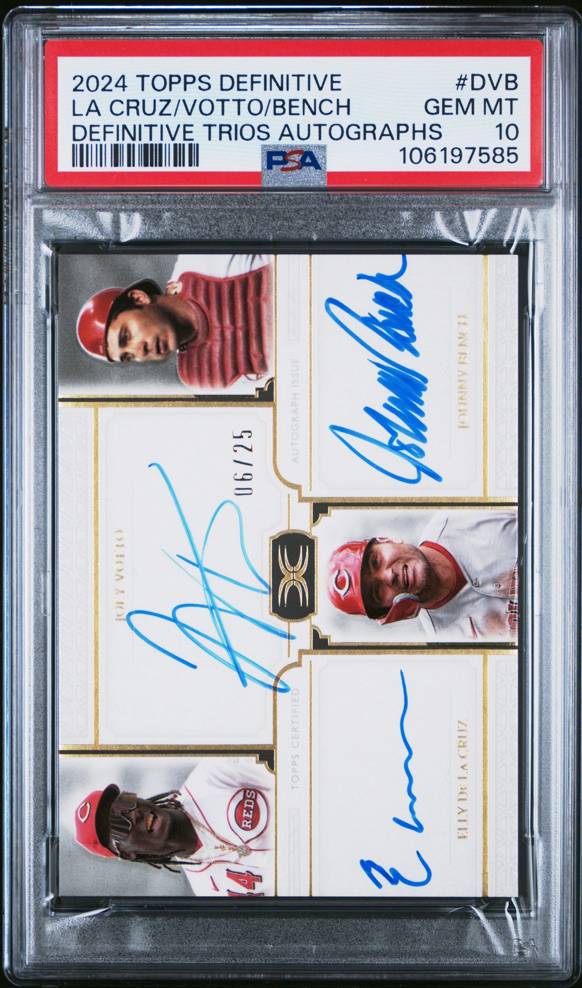 2024 Topps TOPPS DEFINITIVE COLLECTION DEFINITIVE TRIO AUTOGRAPHS #DDACDVB La Cruz/Votto/Bench front