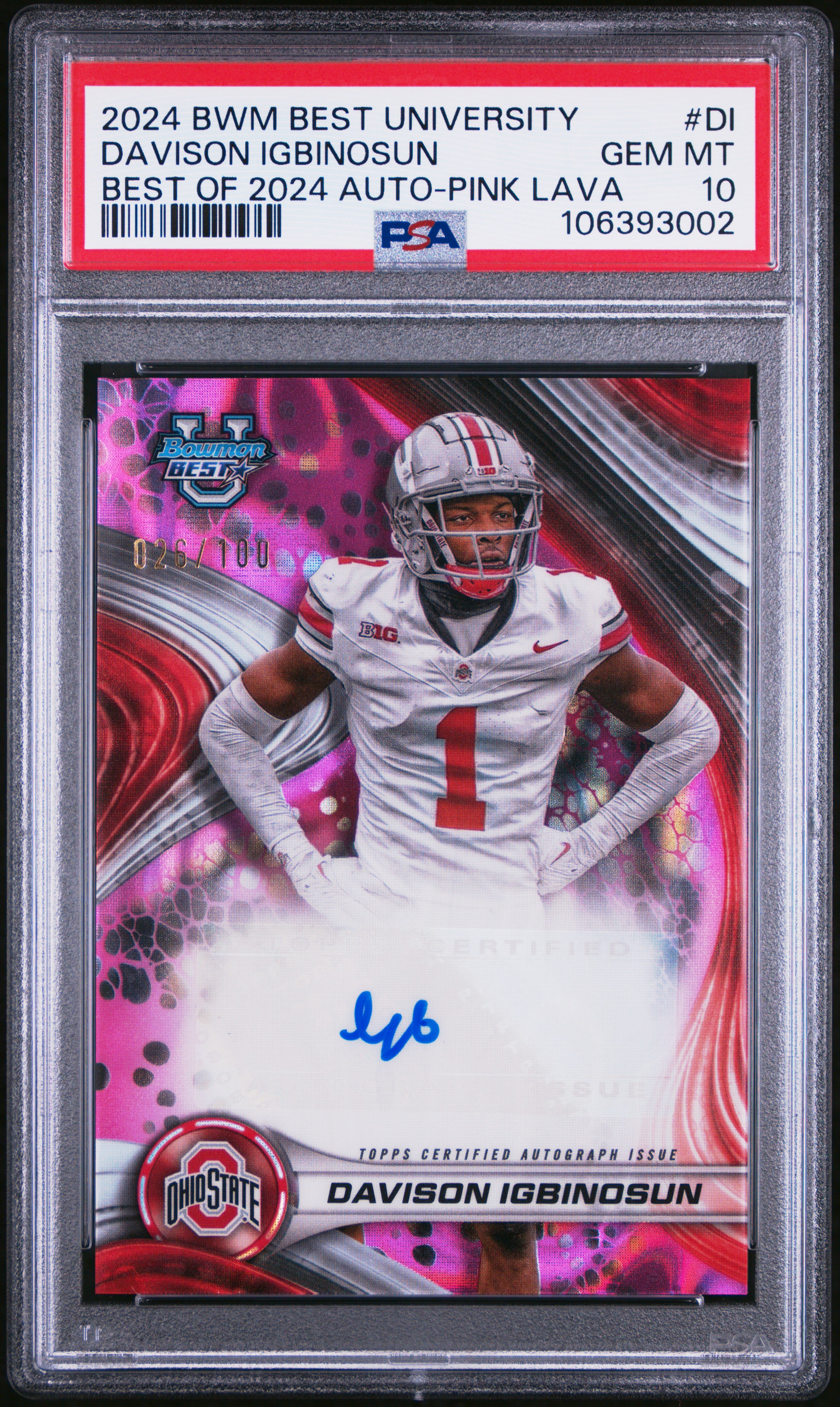 2024 Bowman Best University Best Of 2024 Autographs Davison Igbinosun #Di (Best Of 2024 Auto-Pink Lava) Gem Mt 10 back