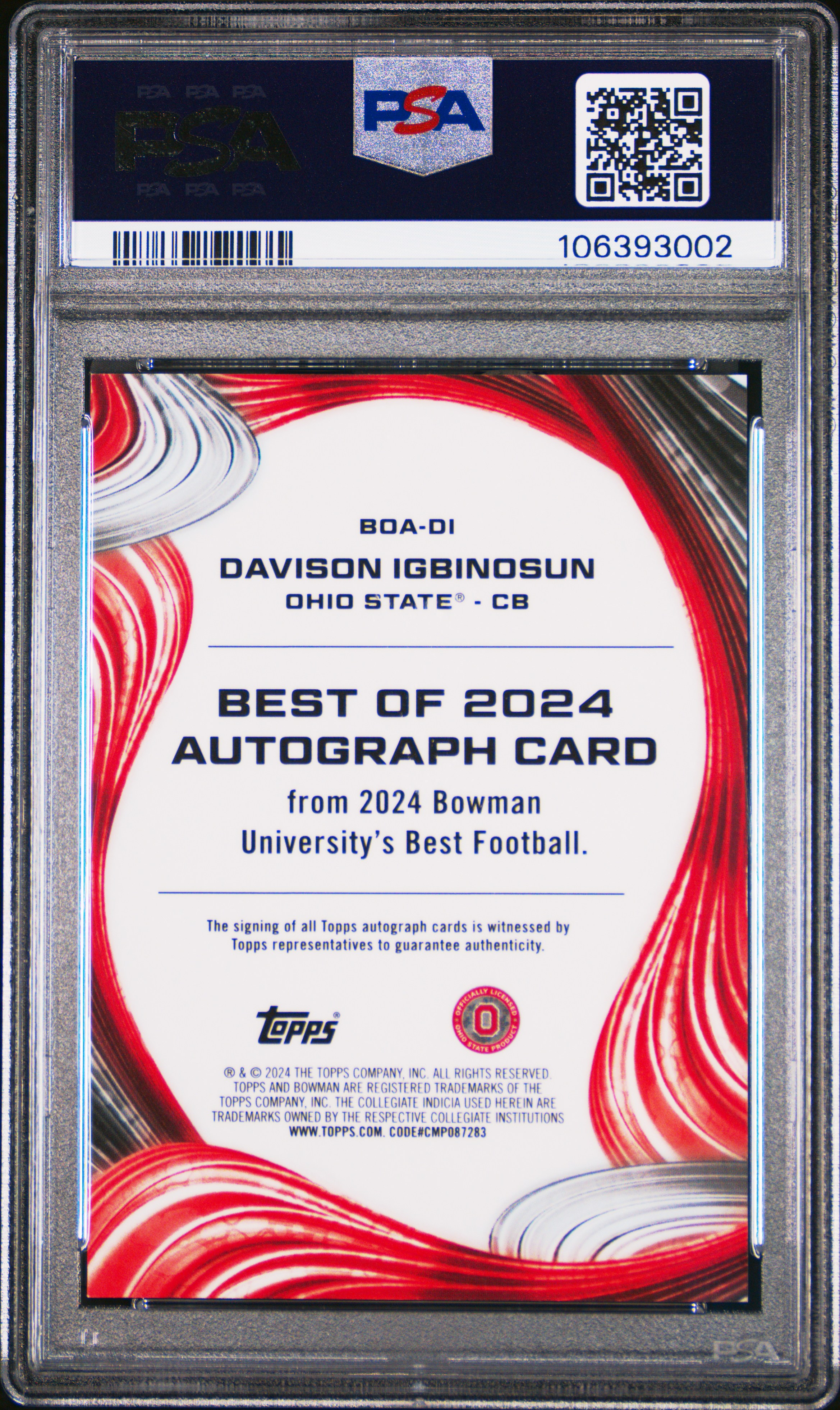 2024 Bowman Best University Best Of 2024 Autographs Davison Igbinosun #Di (Best Of 2024 Auto-Pink Lava) Gem Mt 10 front
