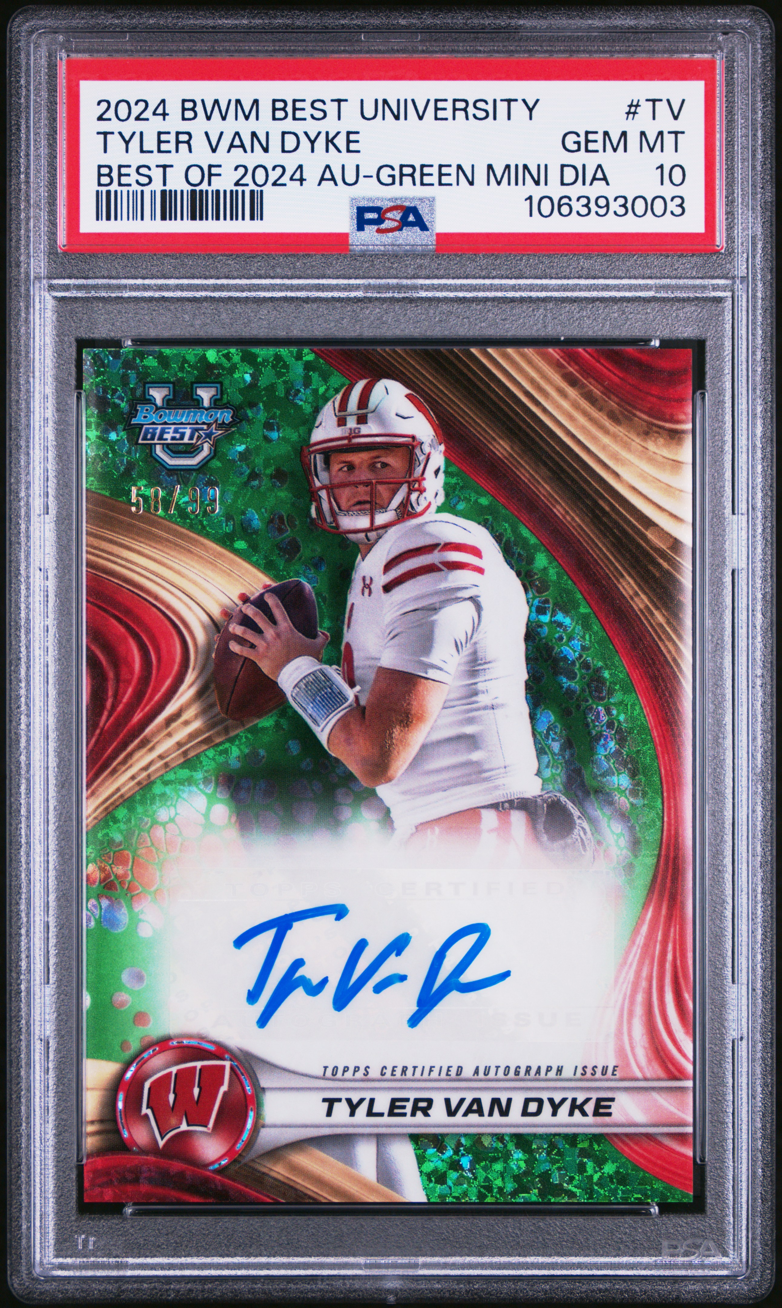 2024 Bowman Best University Best Of 2024 Autographs Tyler Van Dyke #Tv (Best Of 2024 Au-Green Mini Dia) Gem Mt 10 back
