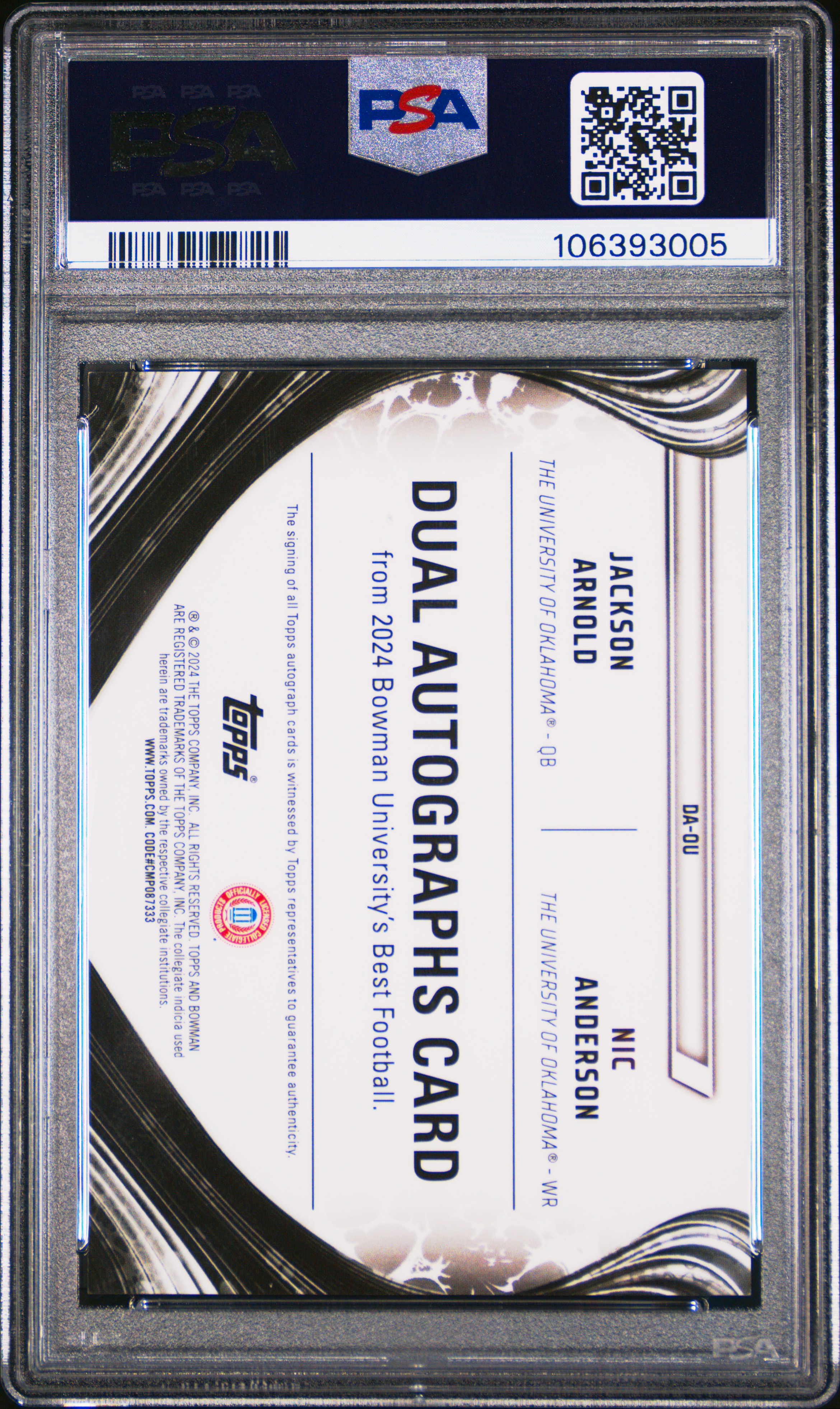 2024 Bowman Best University Dual Autographs Arnold / Anderson #Ou (Dual Auto-White Geometric) Gem Mt 10 front