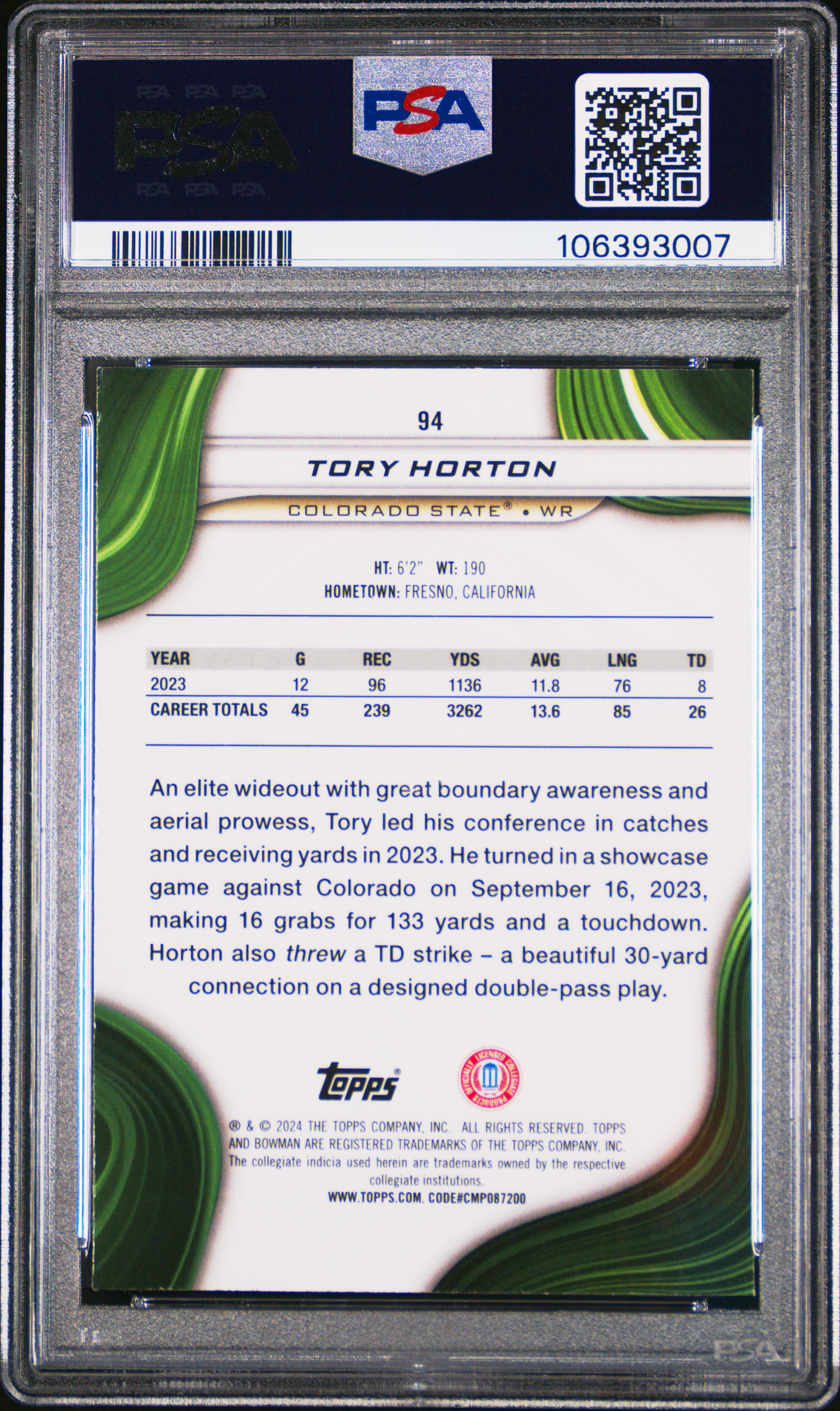 2024 Bowman Best University Tory Horton #94 (Gold Refractor) Gem Mt 10 back