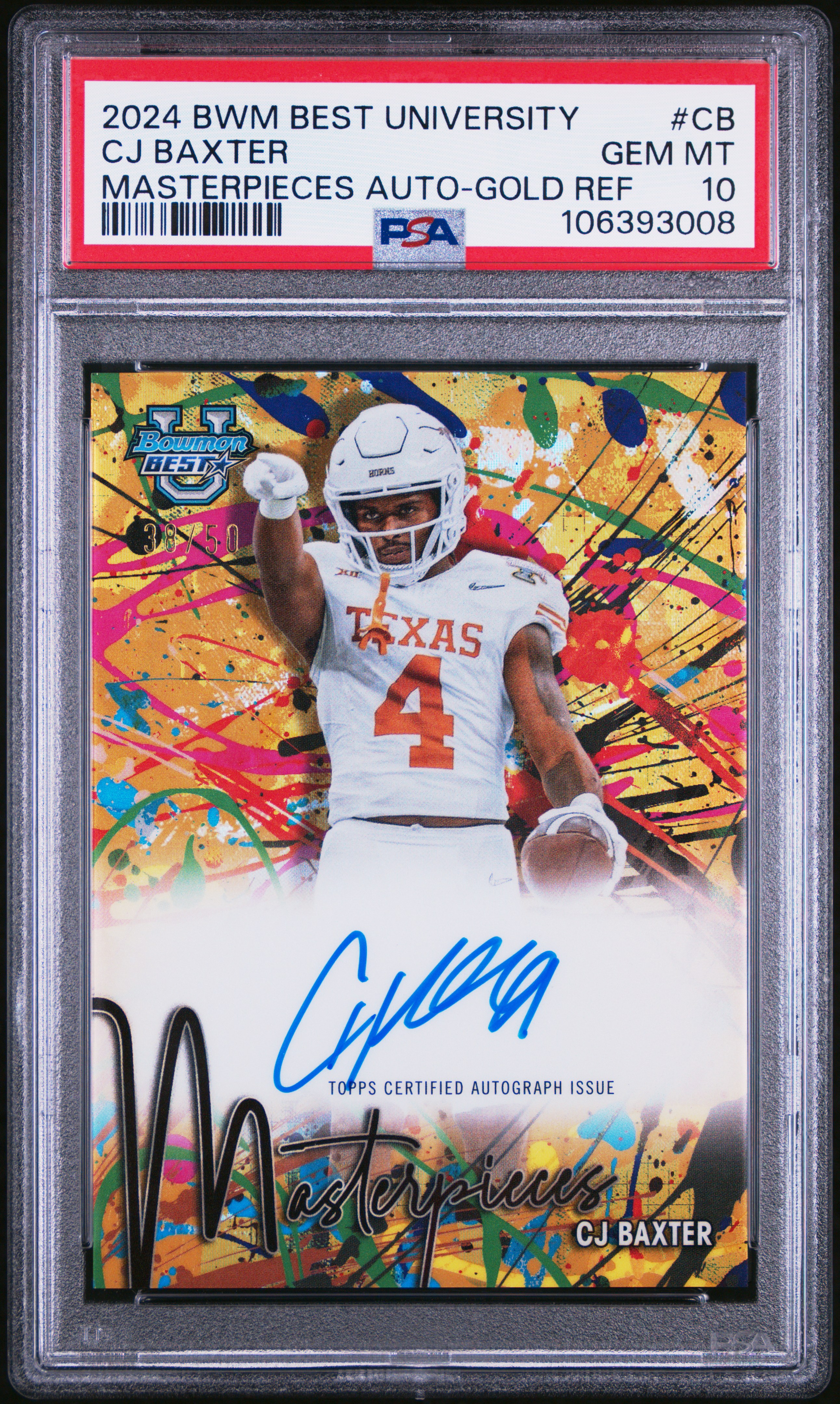2024 Bowman Best University Bowman Masterpieces Autographs Cj Baxter #Cb (Masterpieces Auto-Gold Ref) Gem Mt 10 front