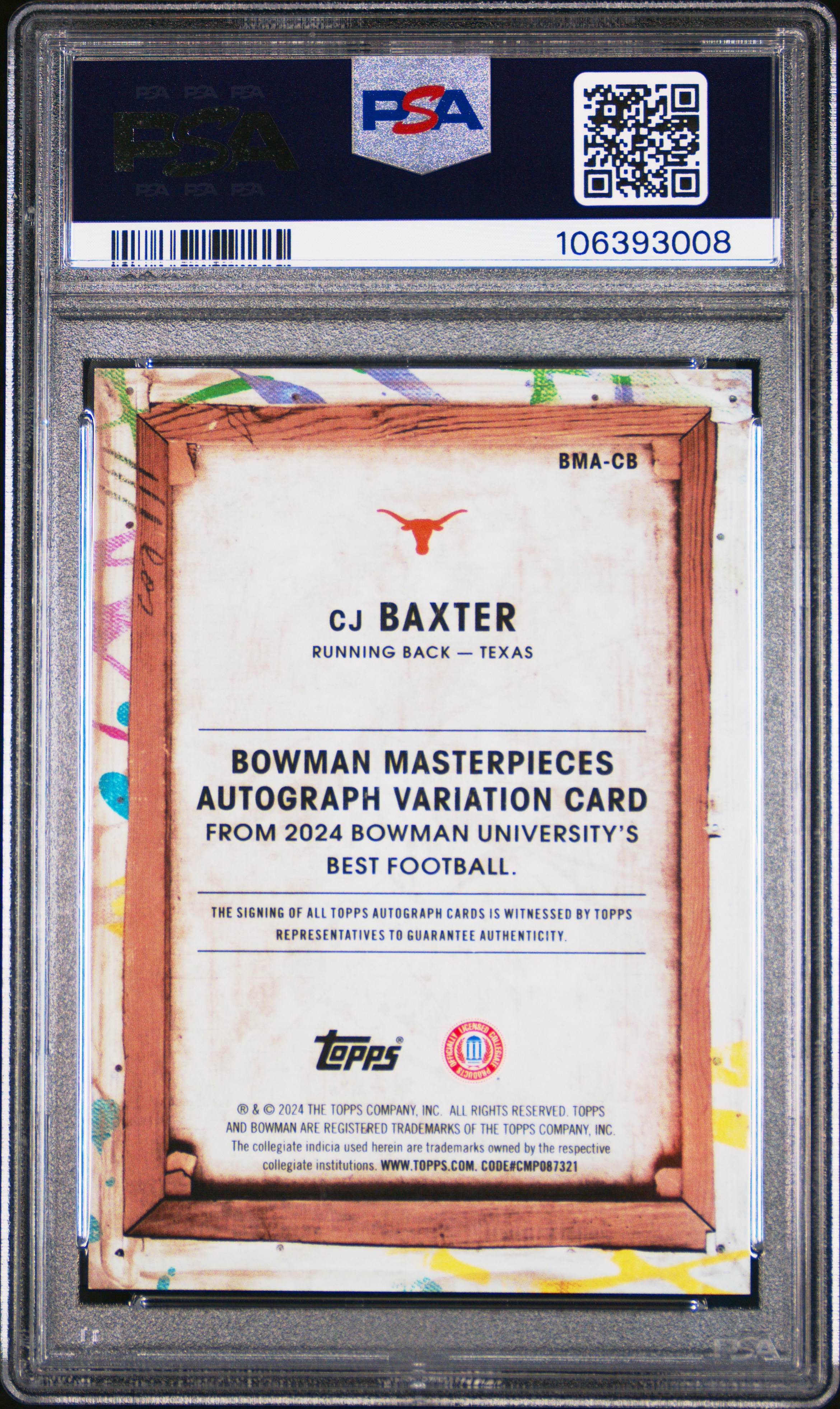 2024 Bowman Best University Bowman Masterpieces Autographs Cj Baxter #Cb (Masterpieces Auto-Gold Ref) Gem Mt 10 back