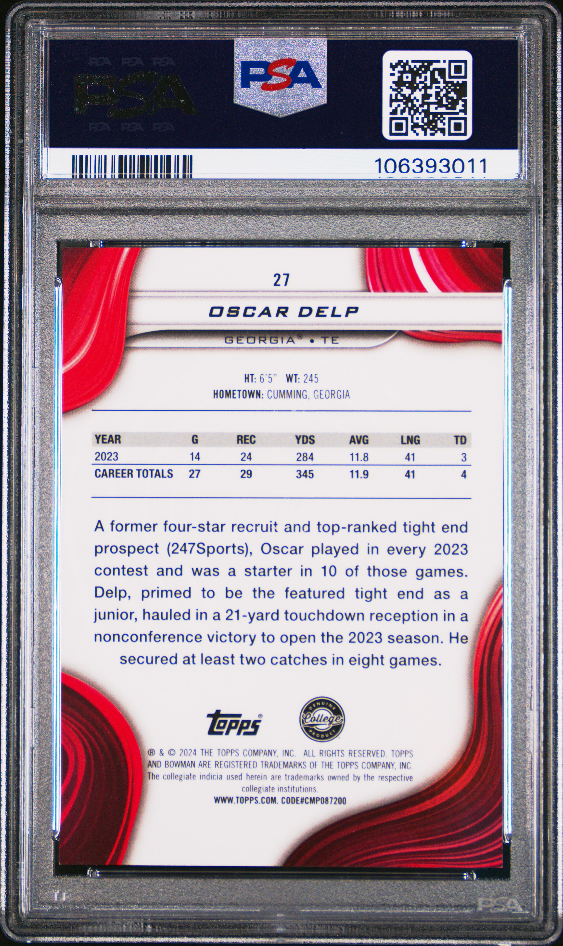 2024 Bowman Best University Oscar Delp #27 (Red Geometric) Gem Mt 10 front