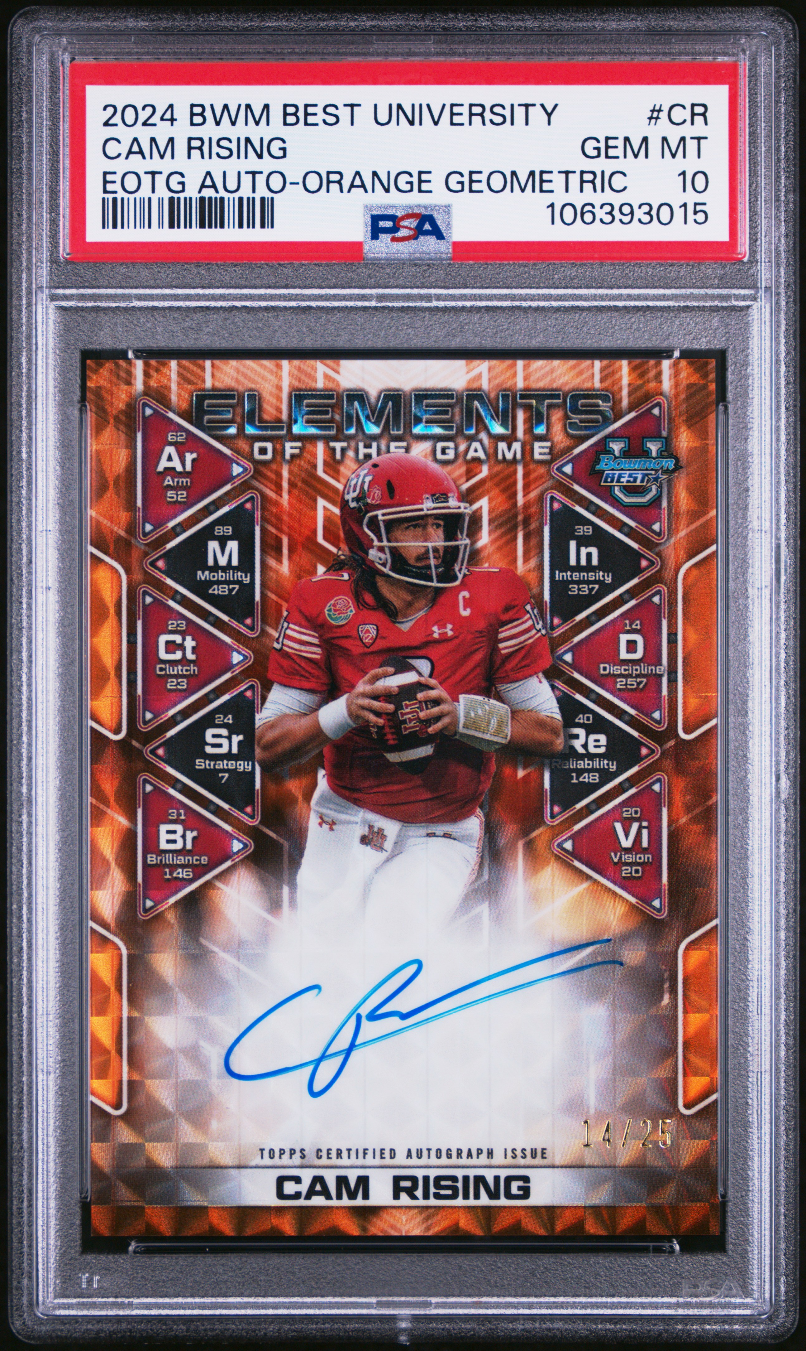 2024 Bowman Best University Elements Of The Game Autographs Cam Rising #Cr (Eotg Auto-Orange Geometric) Gem Mt 10 back