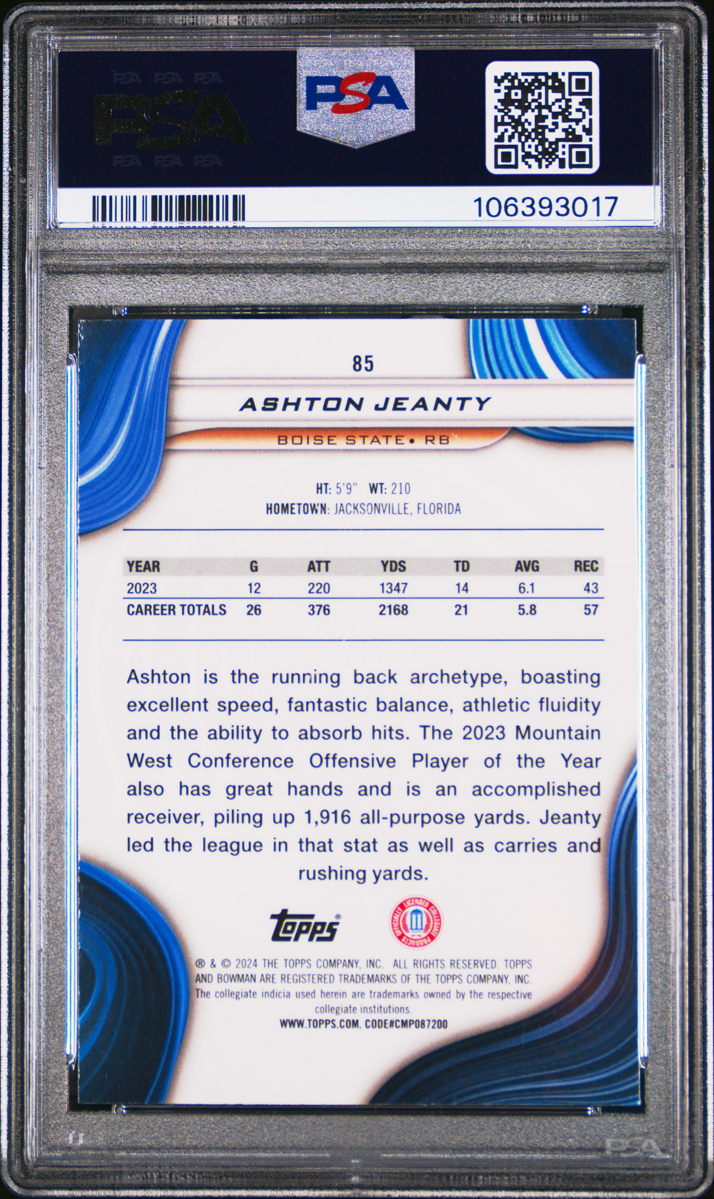 2024 Bowman Best University Ashton Jeanty #85 (Aqua Refractor) Gem Mt 10 front