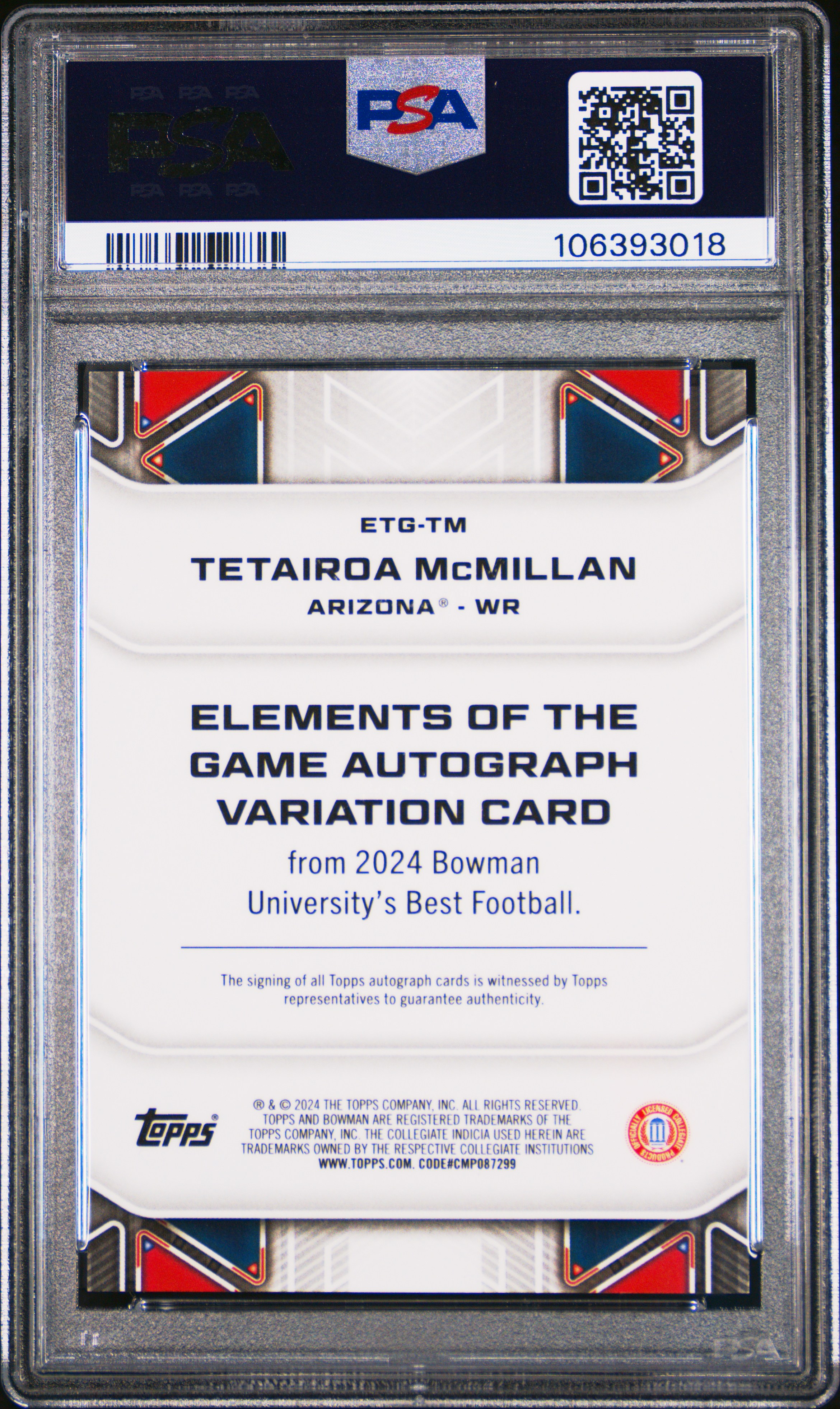 2024 Bowman Best University Elements Of The Game Autographs Tetairoa Mcmillan #Tm (Eotg Auto-White Geometric) Gem Mt 10 front