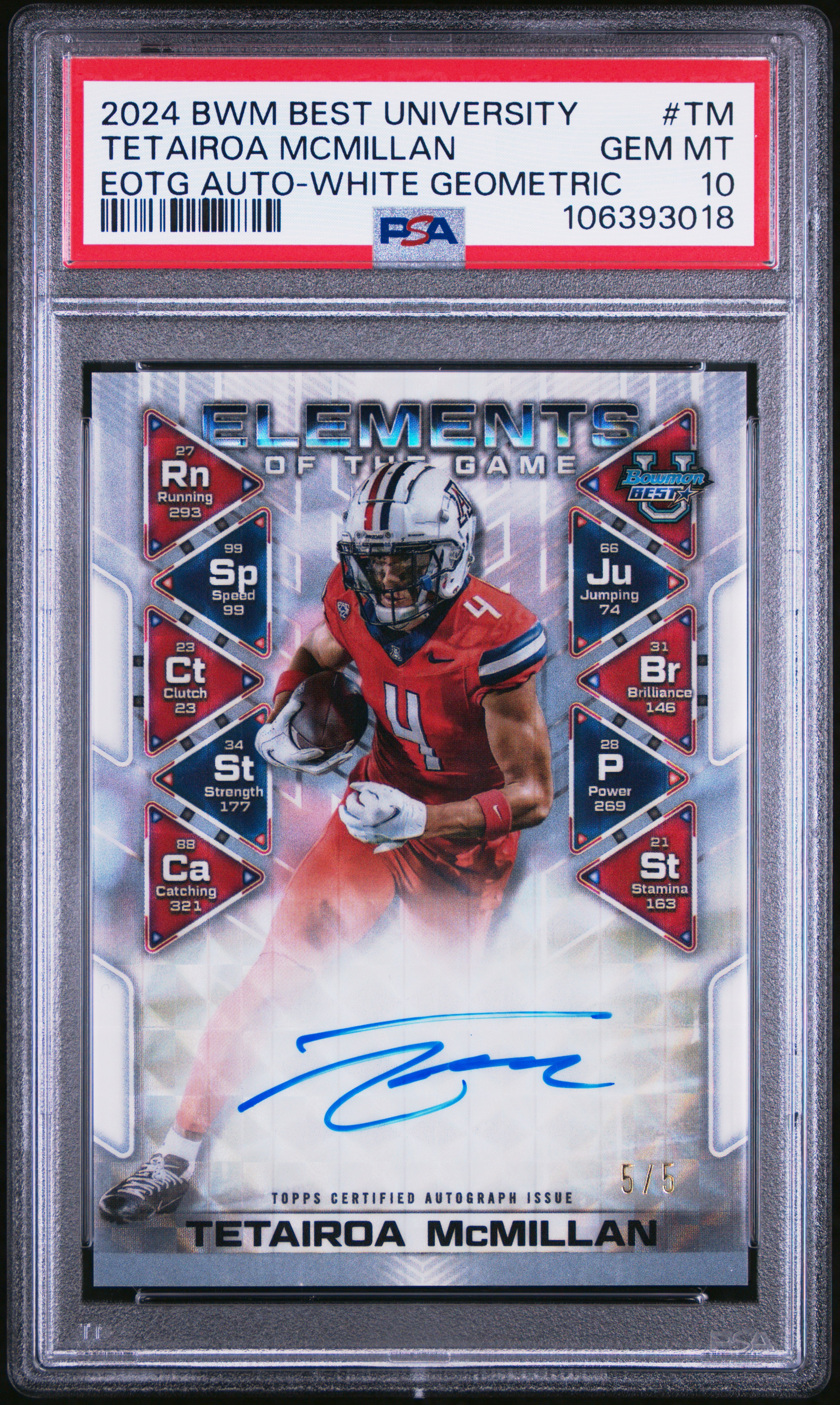2024 Bowman Best University Elements Of The Game Autographs Tetairoa Mcmillan #Tm (Eotg Auto-White Geometric) Gem Mt 10 back
