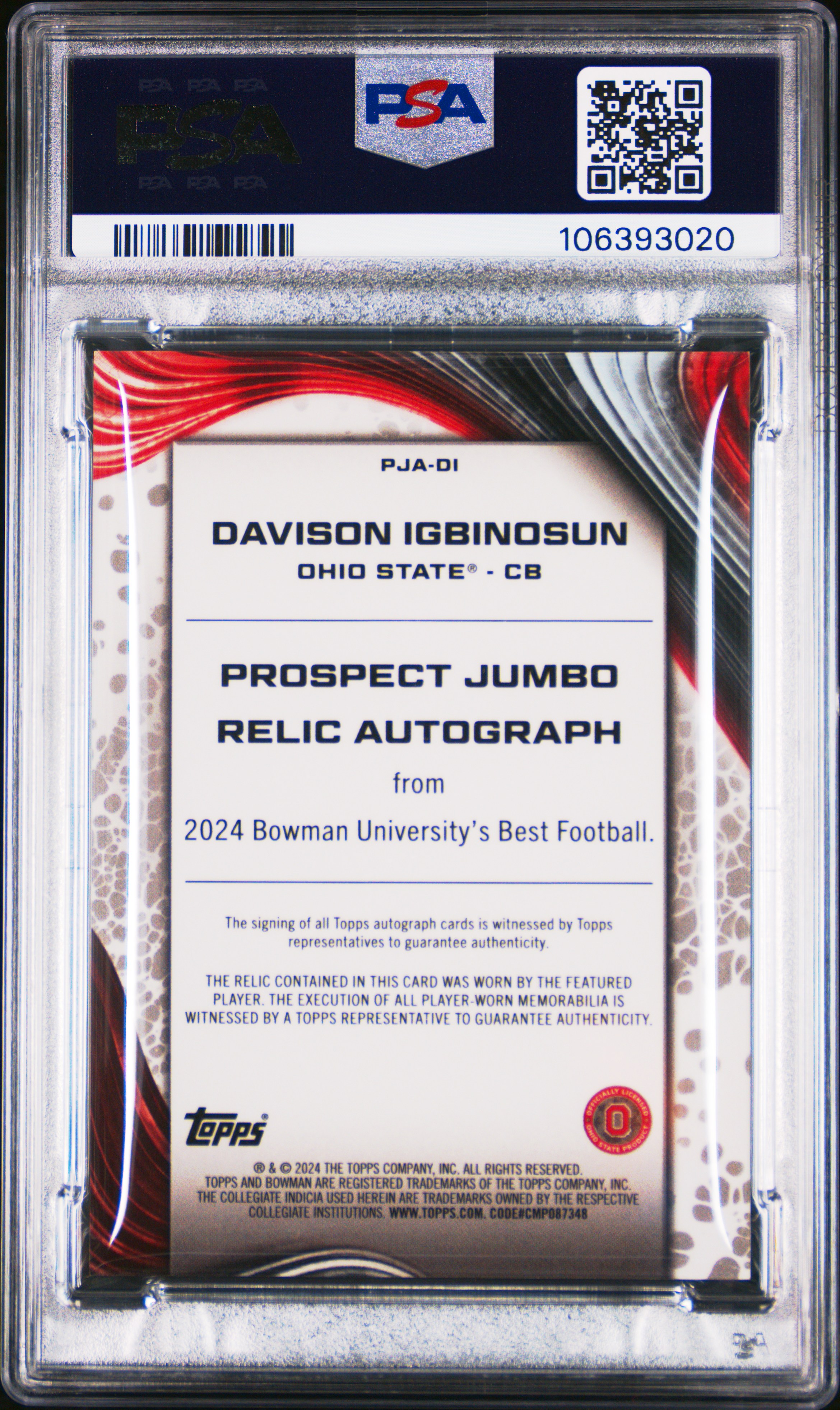 2024 Bowman Best University Prospect Jumbo Relic Autographs Davison Igbinosun #Di Nm-Mt 8 front