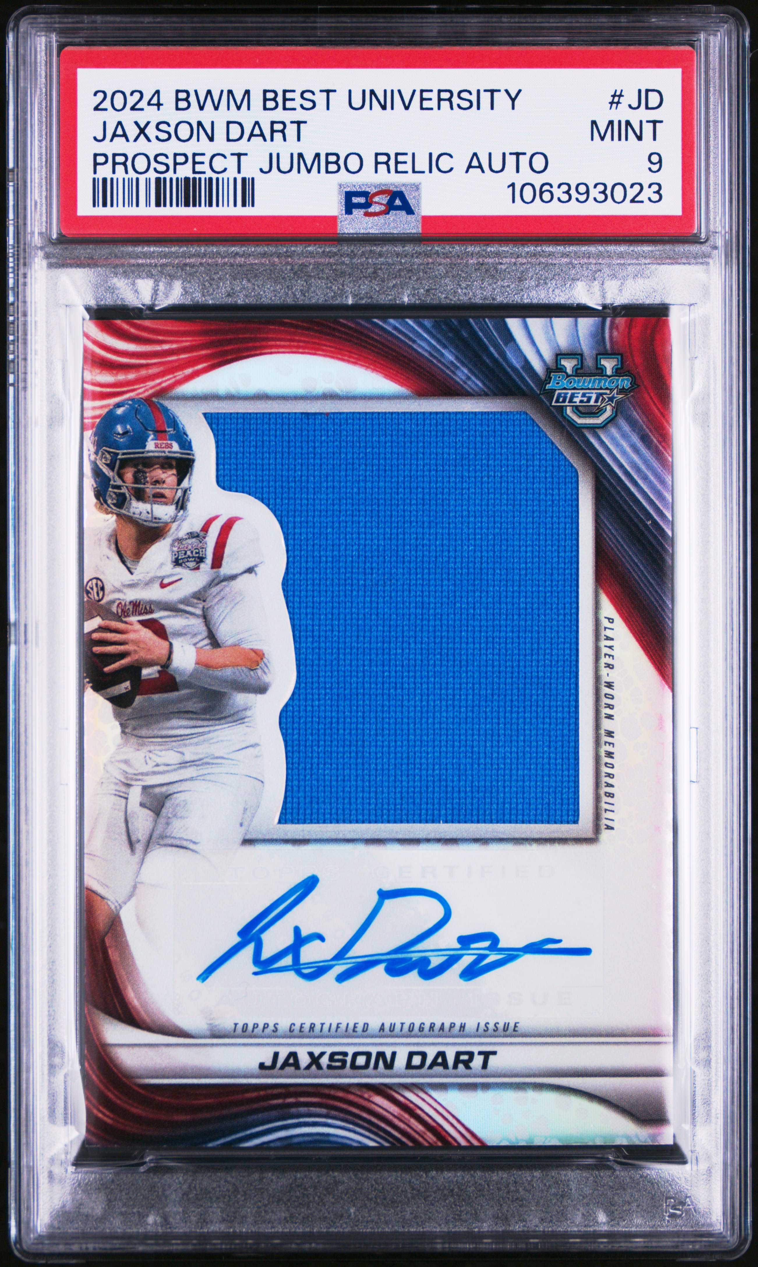 2024 Bowman Best University Prospect Jumbo Relic Autographs Jaxson Dart #Jd Mint 9 back