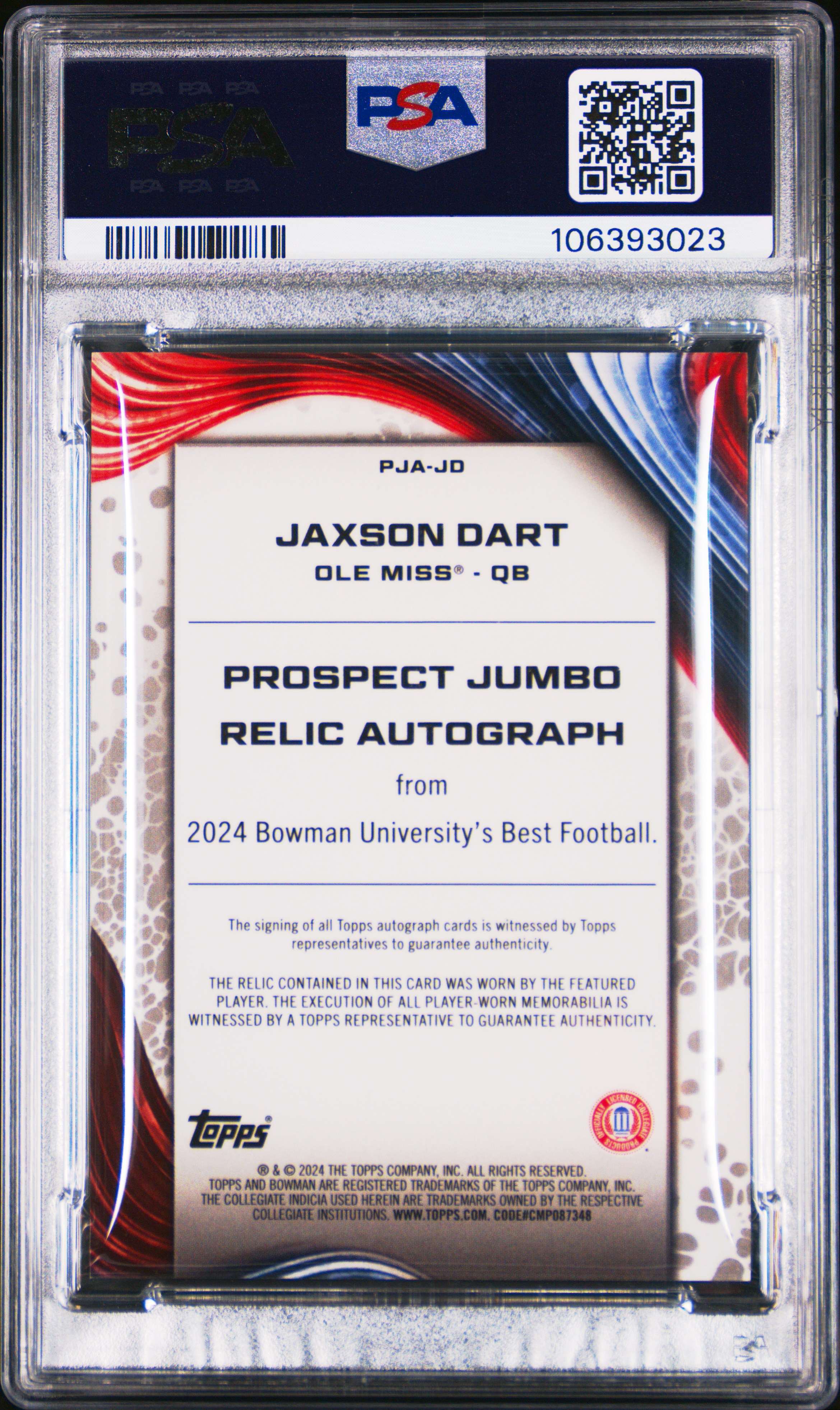 2024 Bowman Best University Prospect Jumbo Relic Autographs Jaxson Dart #Jd Mint 9 front