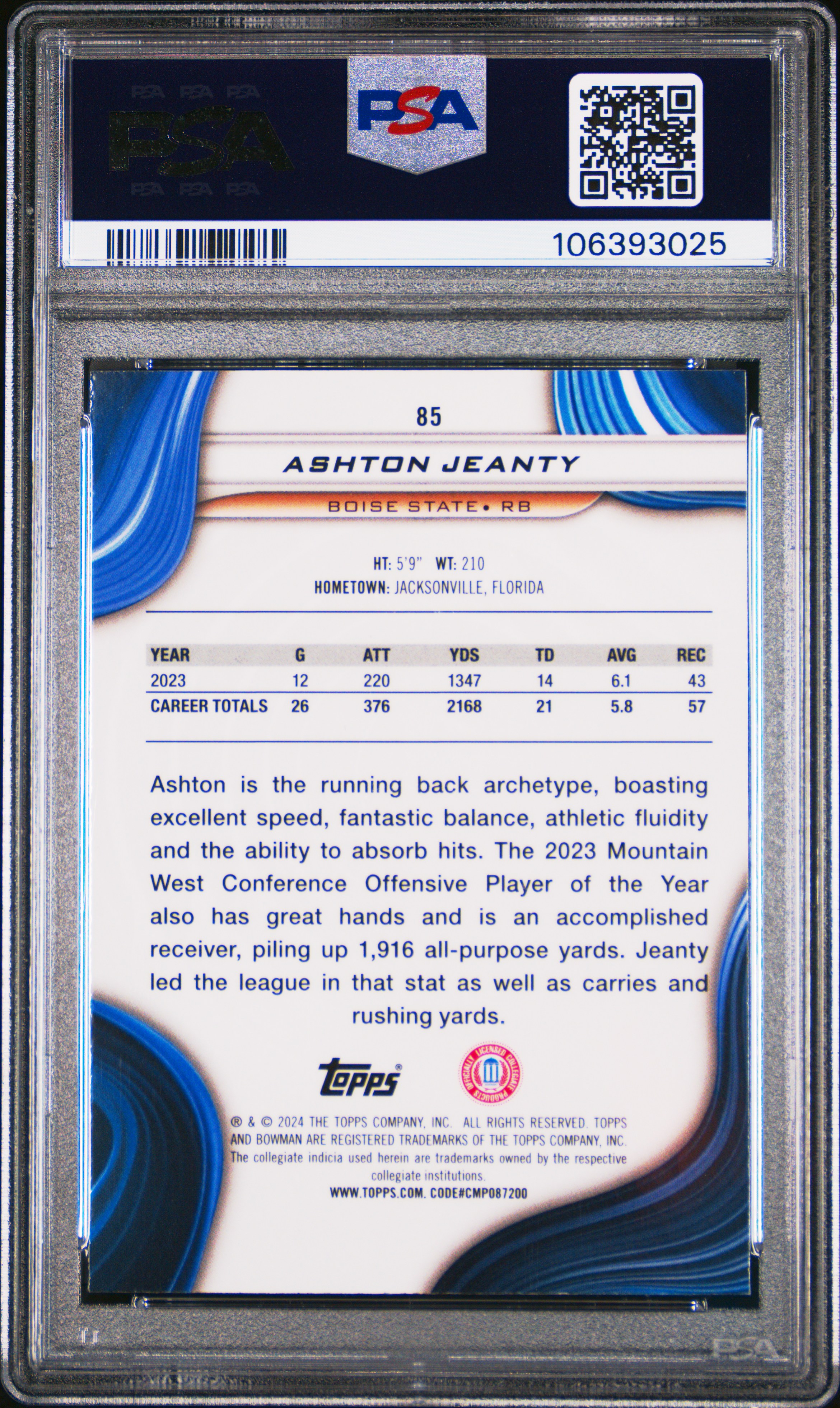2024 Bowman Best University Ashton Jeanty #85 (Green Mini Diamond) Gem Mt 10 front