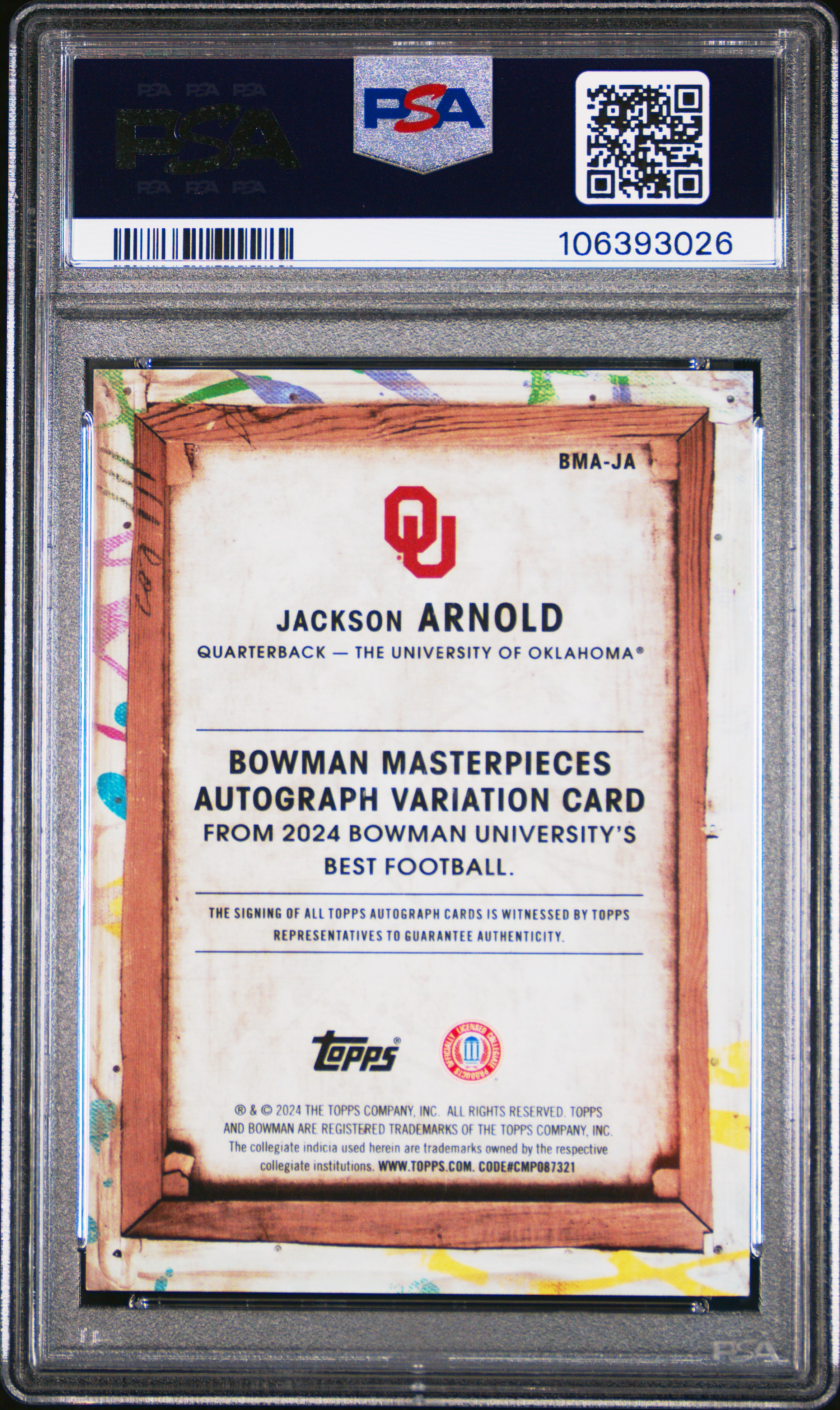 2024 Bowman Best University Bowman Masterpieces Autographs Jackson Arnold #Ja (Masterpieces Auto-Gold Ref) Nm-Mt 8 front