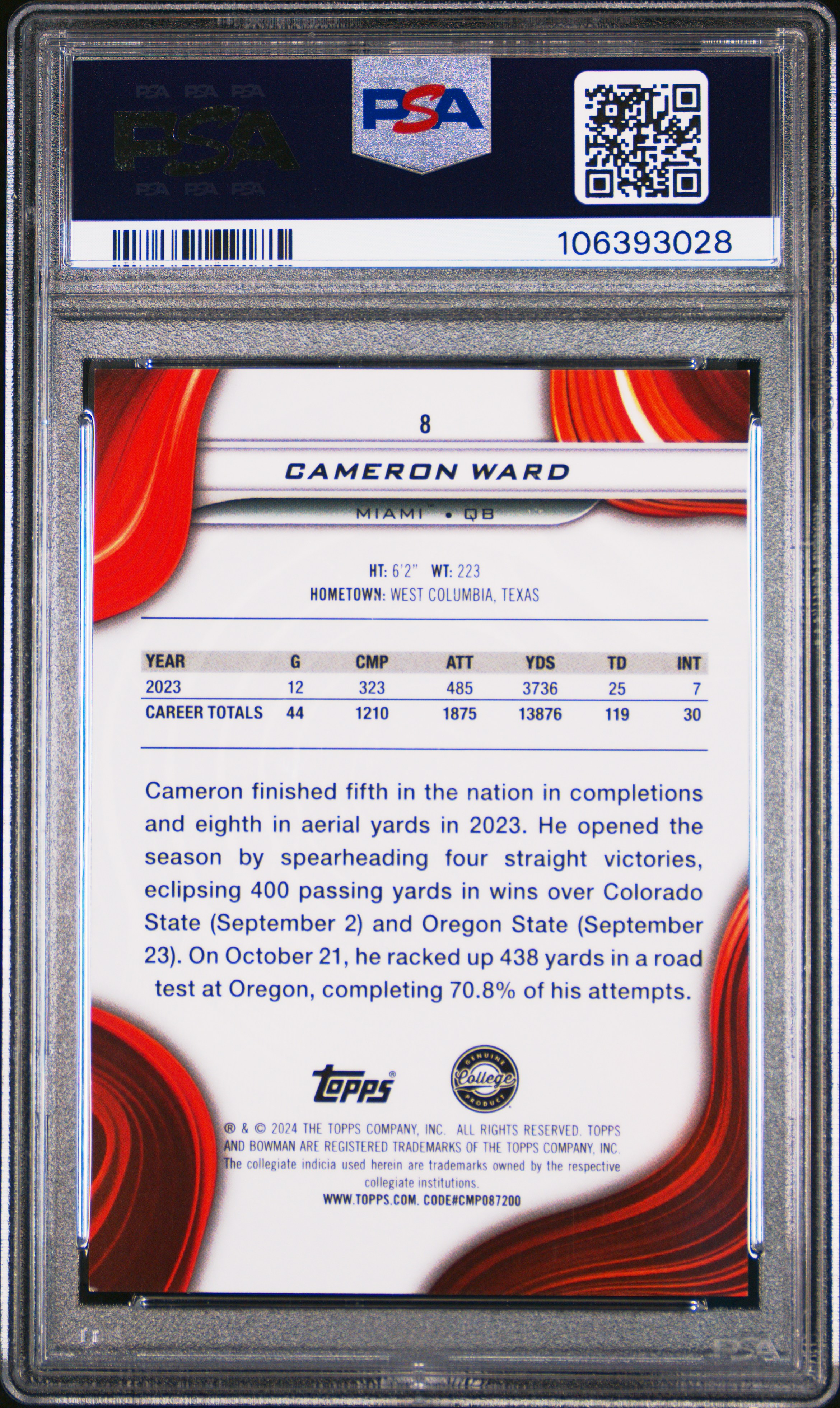 2024 Bowman Best University Cameron Ward #8 (Orange Geometric) Mint 9 front