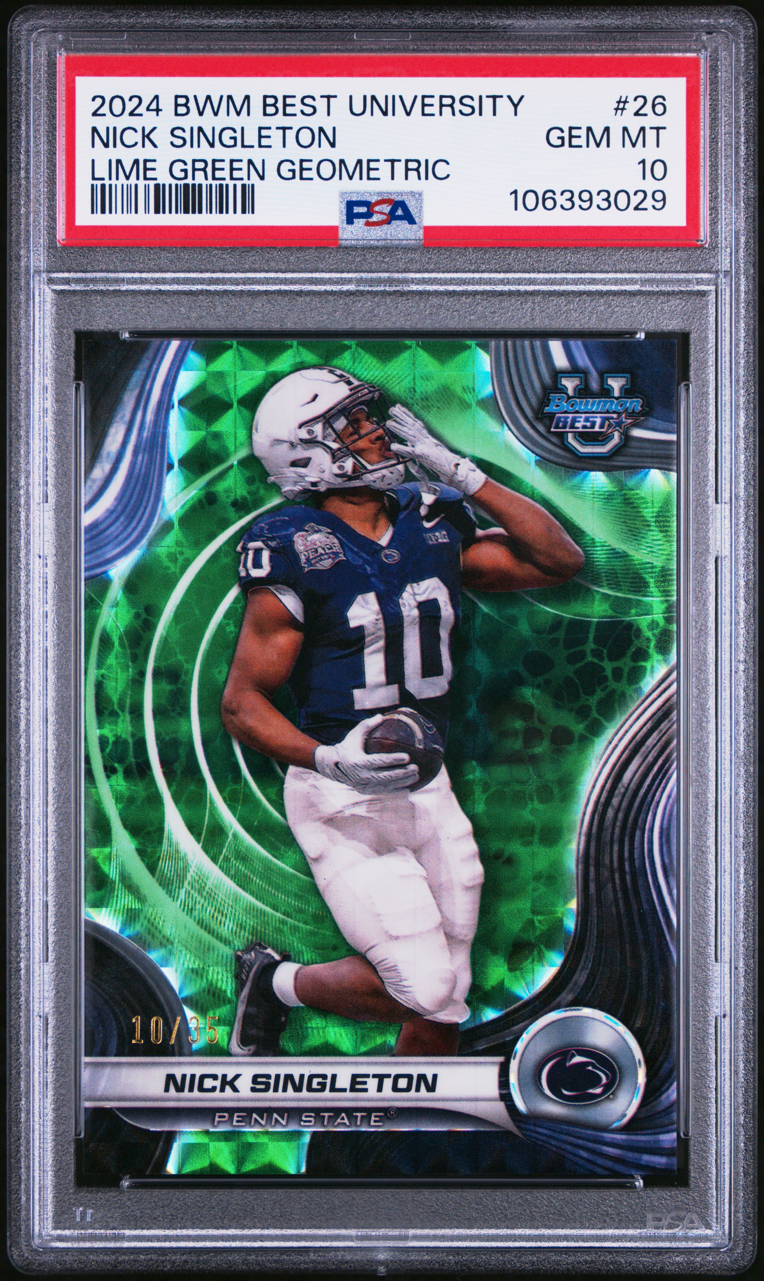 2024 Bowman Best University Nick Singleton #26 (Lime Green Geometric) Gem Mt 10 back
