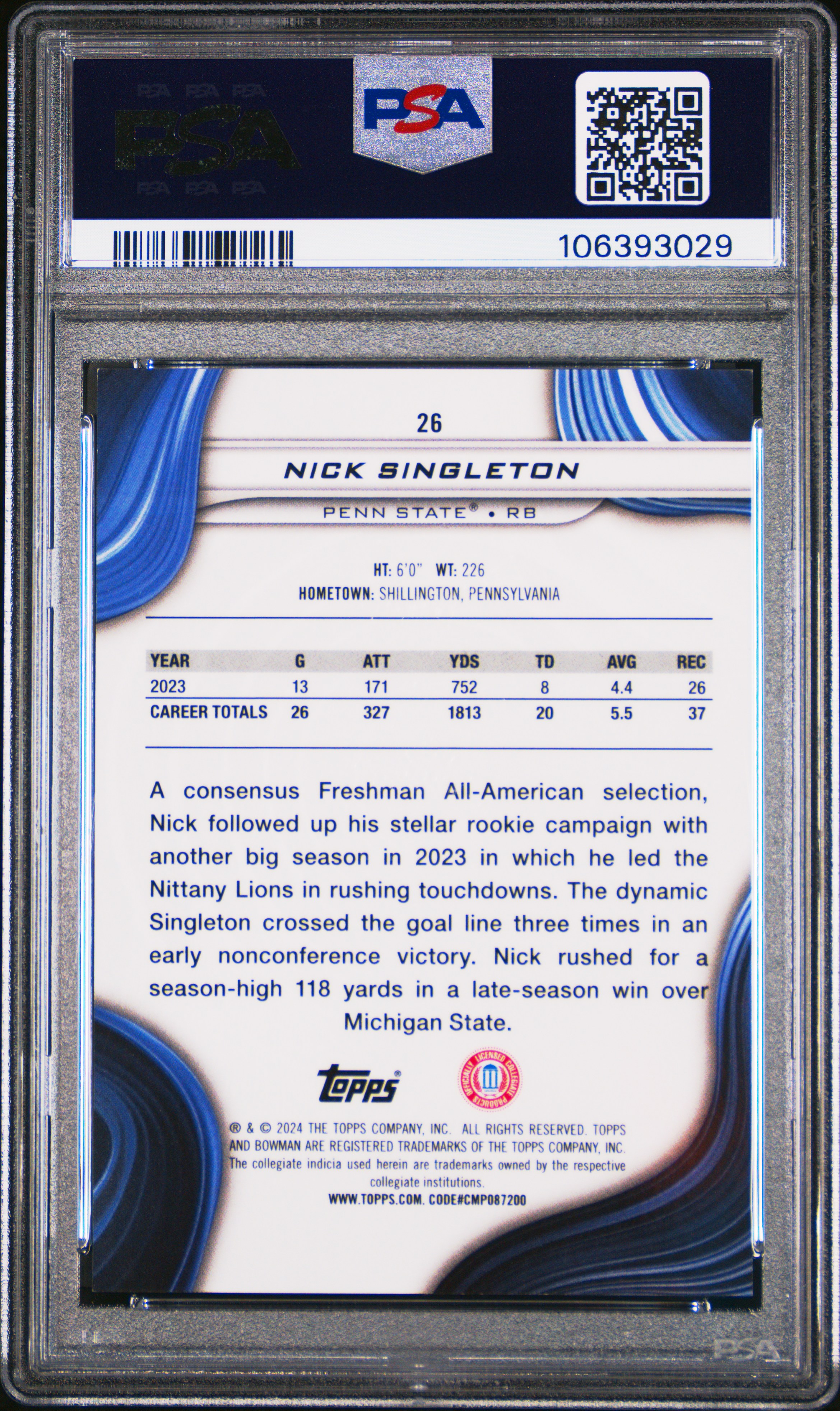 2024 Bowman Best University Nick Singleton #26 (Lime Green Geometric) Gem Mt 10 front