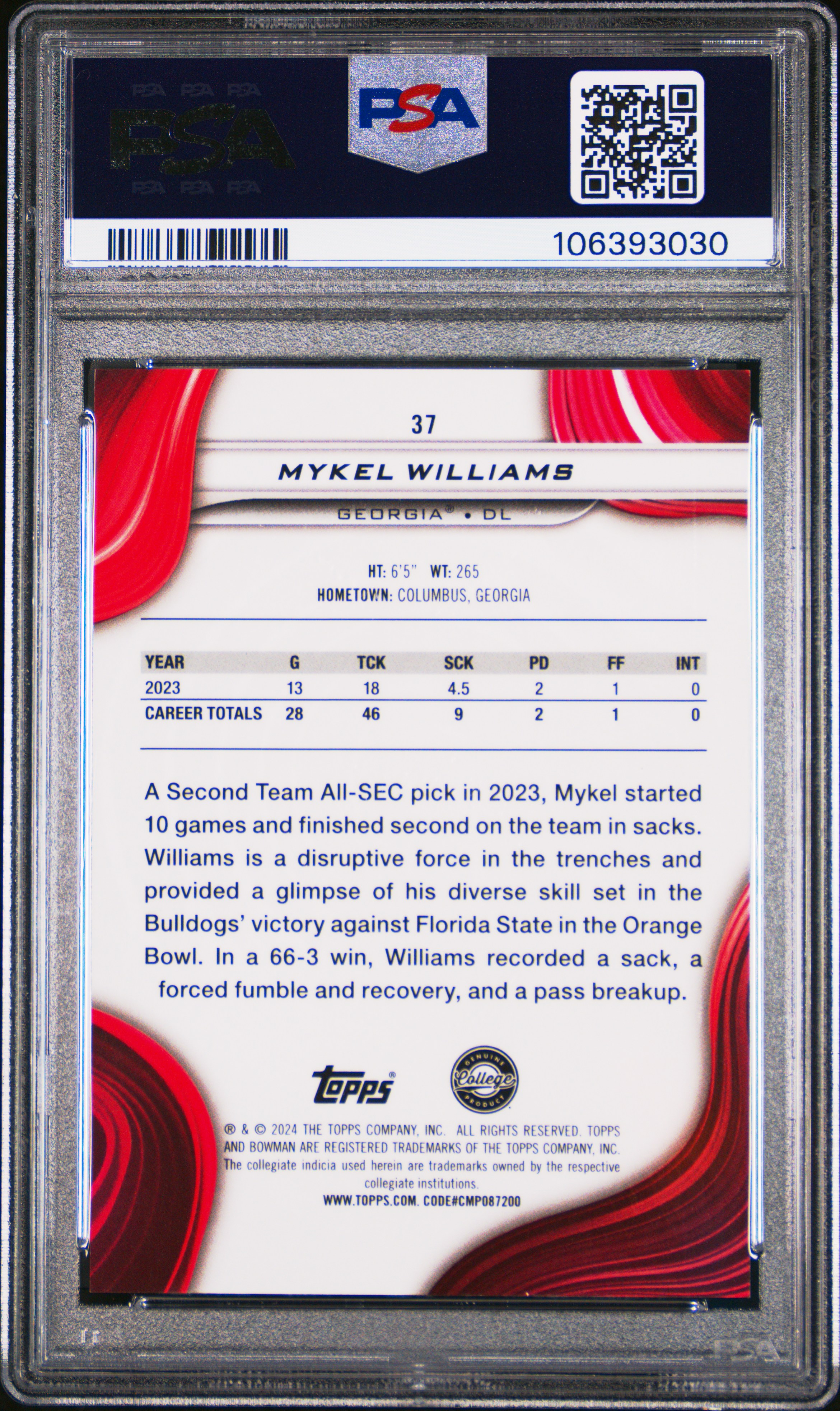 2024 Bowman Best University Mykel Williams #37 (White Geometric) Mint 9 front