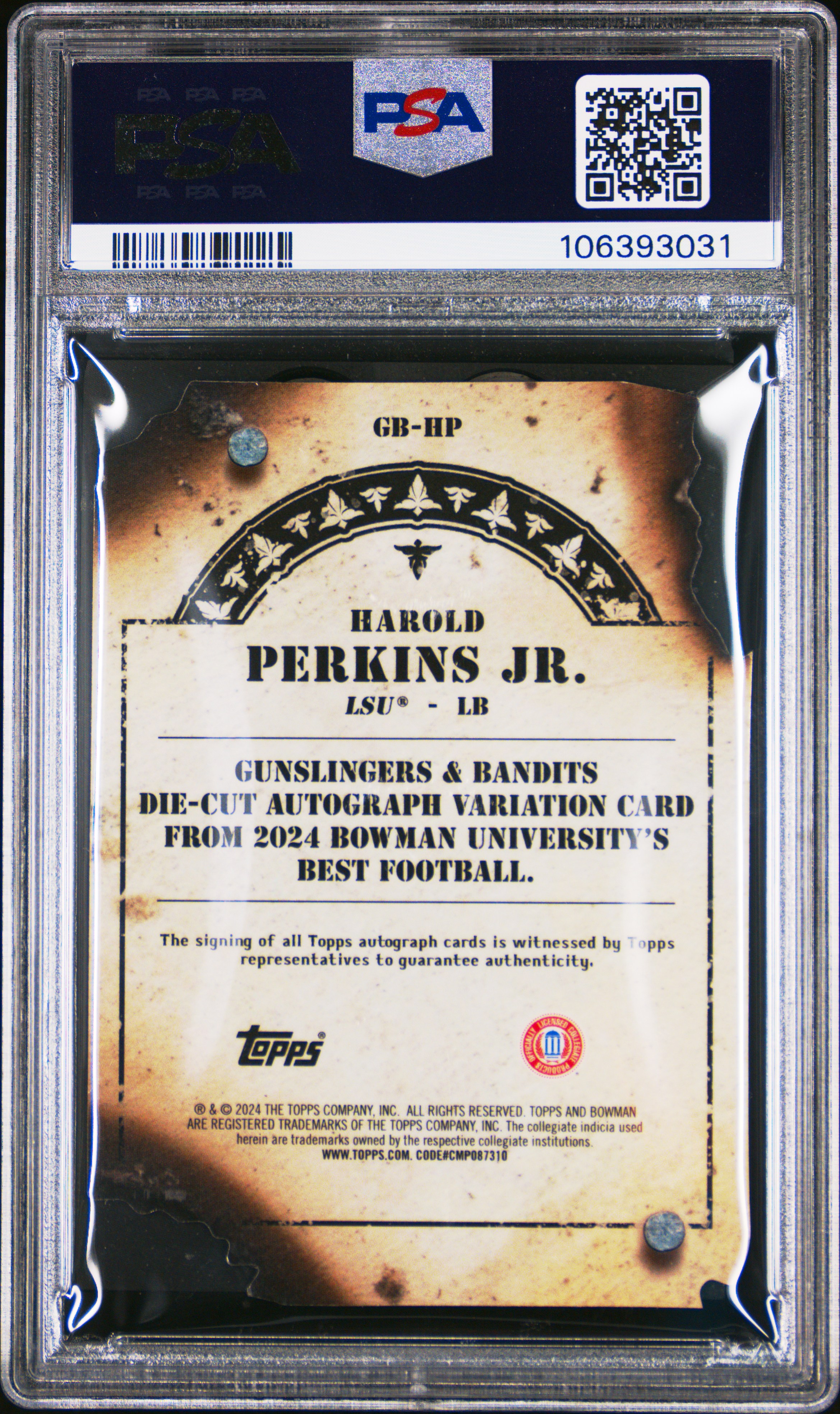 2024 Bowman Best University Gunslinger & Bandits Die-Cut Autographs Harold Perkins Jr. #Gbhp (G & B Dc Auto-Org Geometric) Mint 9 front