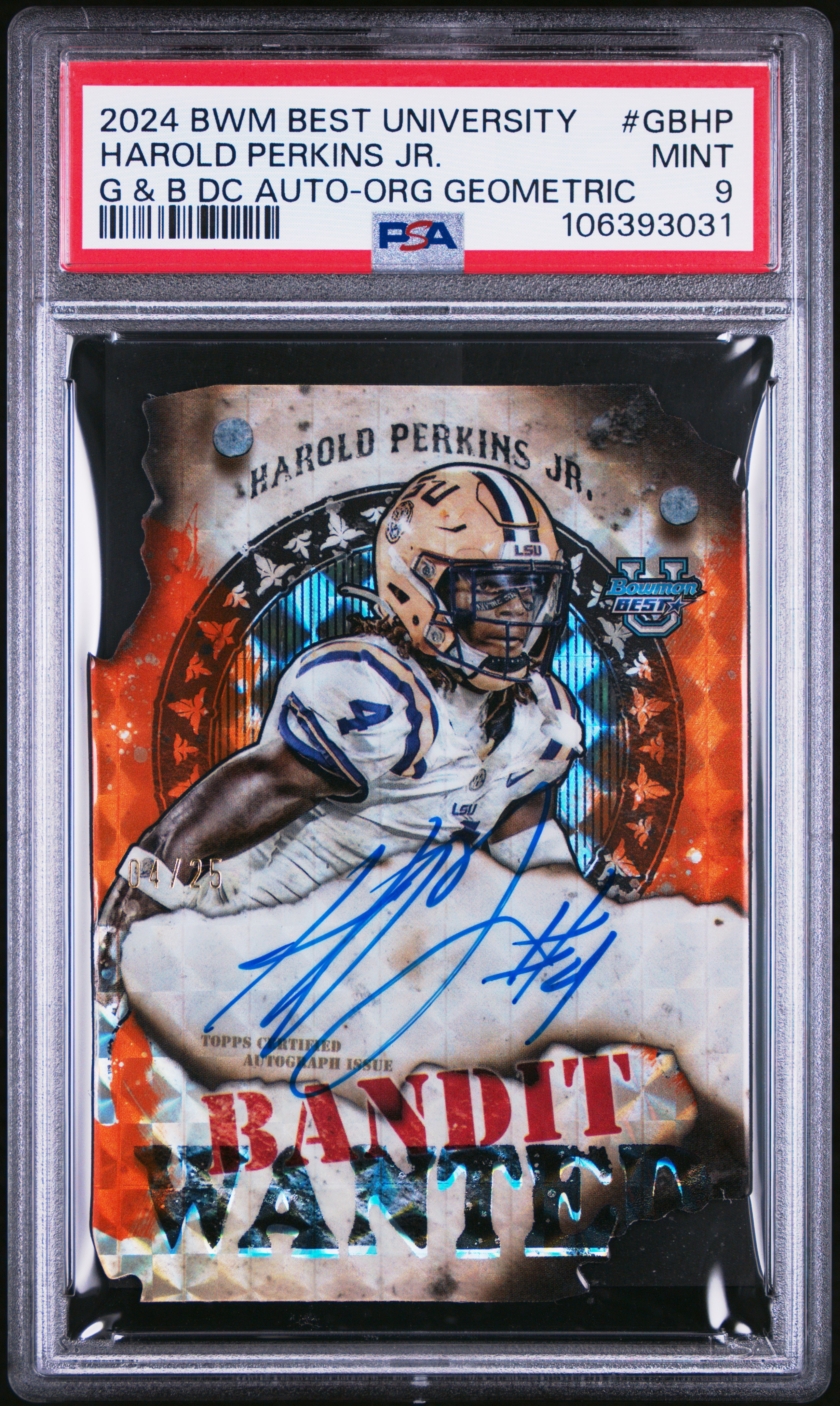 2024 Bowman Best University Gunslinger & Bandits Die-Cut Autographs Harold Perkins Jr. #Gbhp (G & B Dc Auto-Org Geometric) Mint 9 back