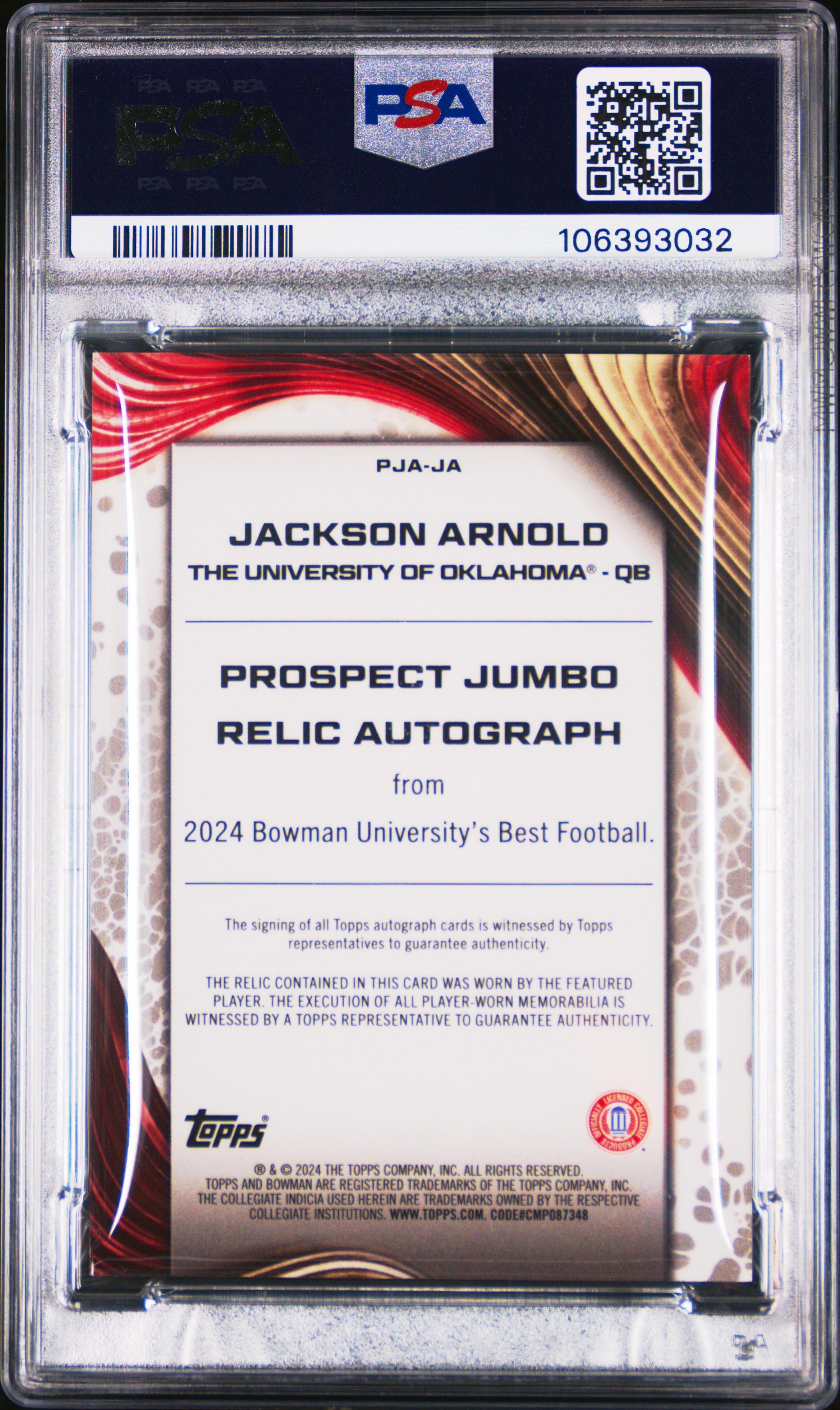 2024 Bowman Best University Prospect Jumbo Relic Autographs Jackson Arnold #Ja Gem Mt 10 front