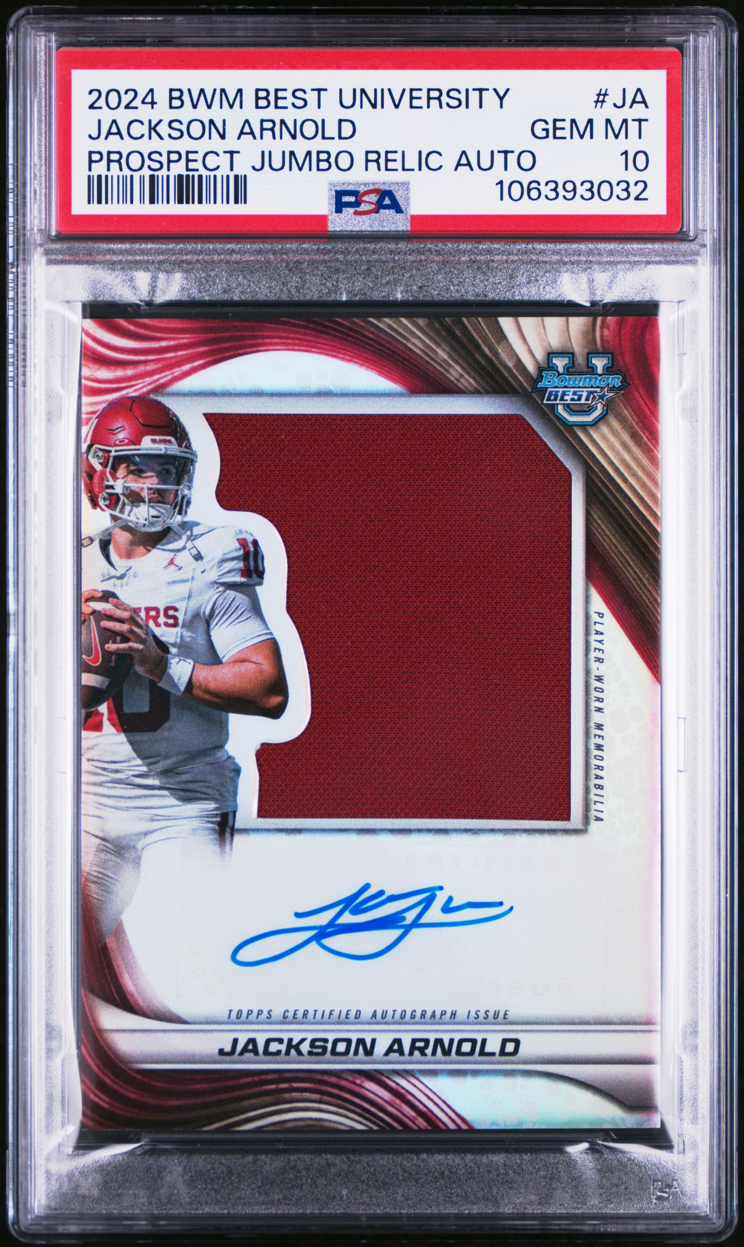 2024 Bowman Best University Prospect Jumbo Relic Autographs Jackson Arnold #Ja Gem Mt 10 back