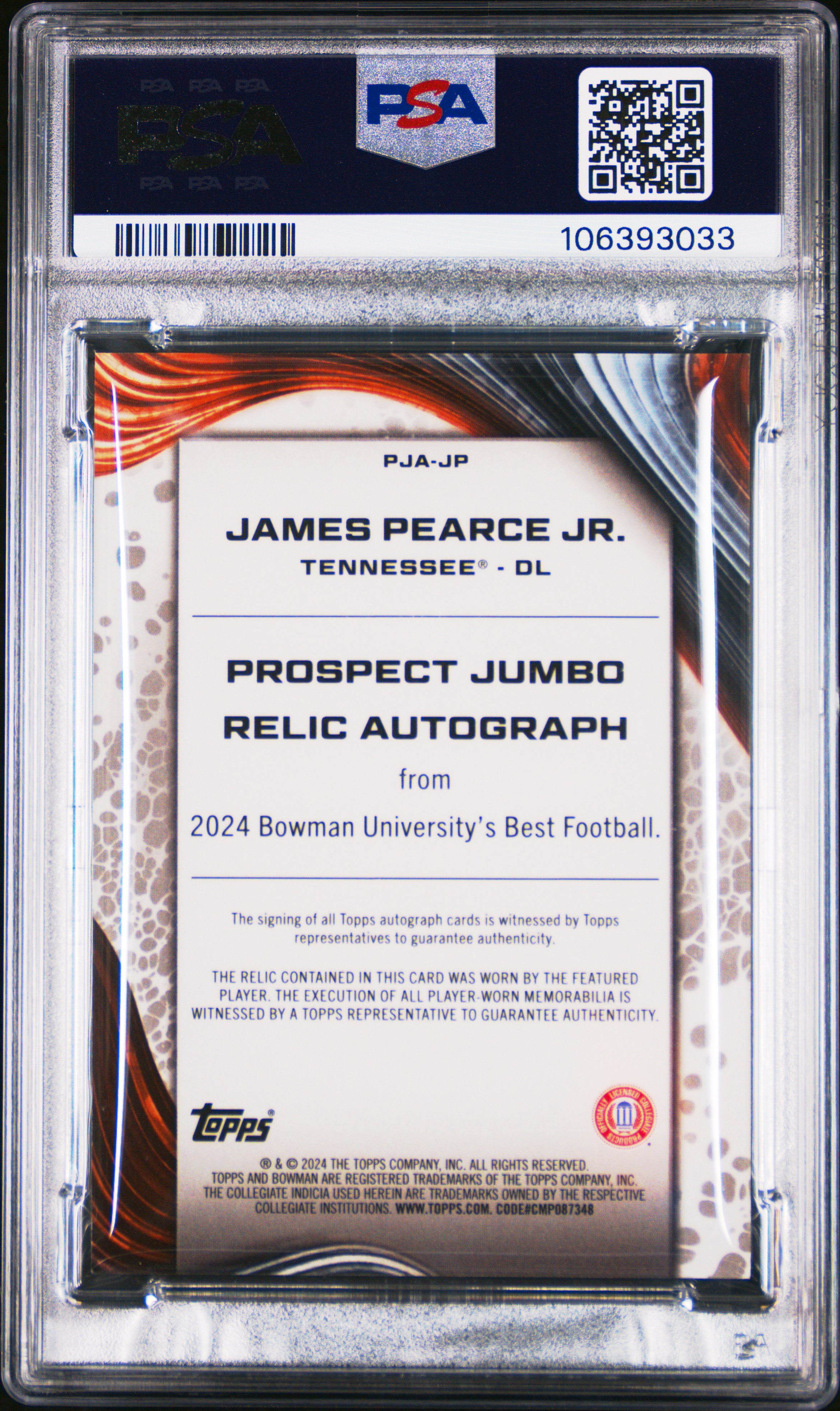 2024 Bowman Best University Prospect Jumbo Relic Autographs James Pearce Jr. #Jp Gem Mt 10 front